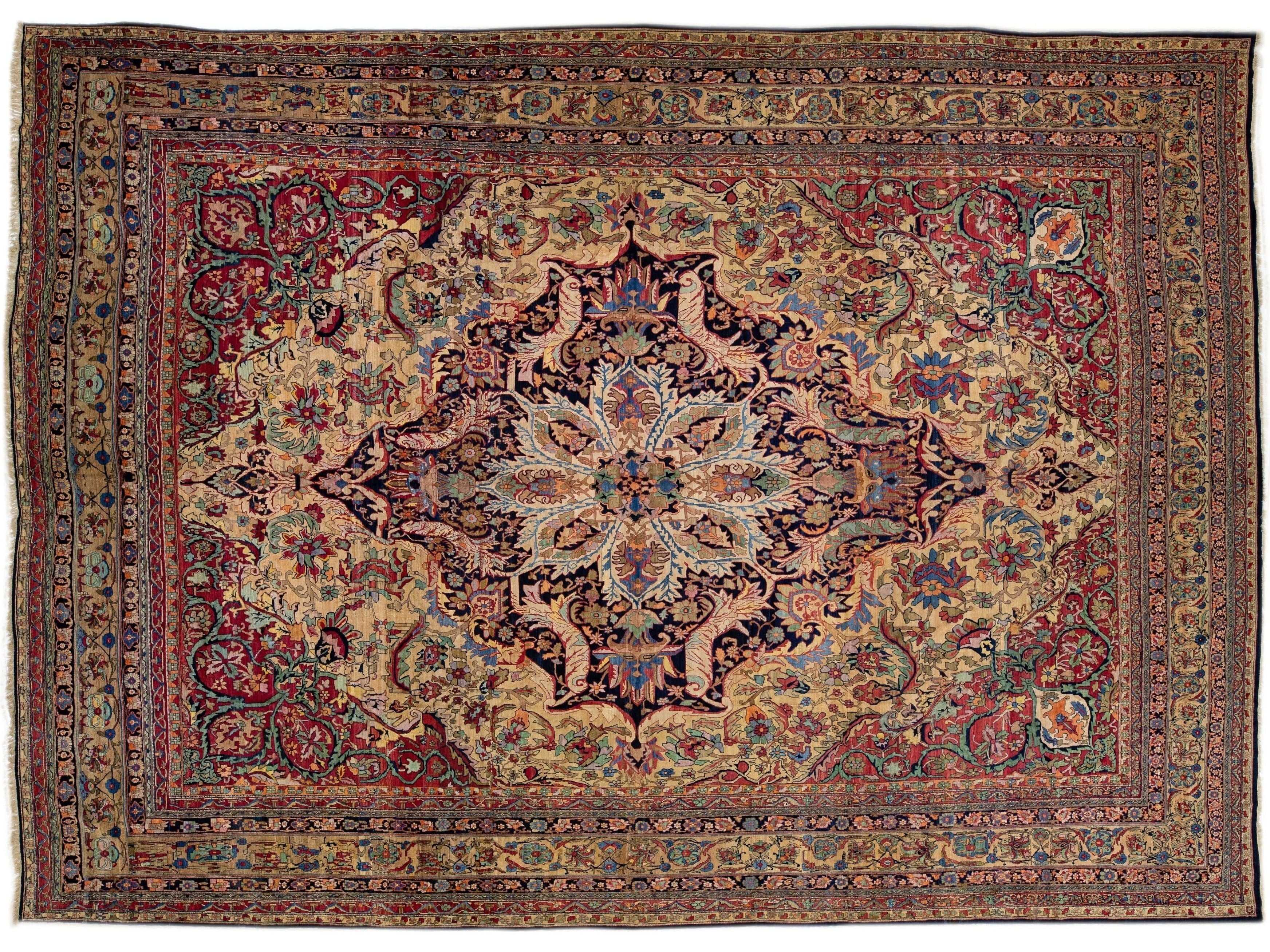 Antique Kirman Handmade Multicolor Medallion Floral Oversize Wool Rug
