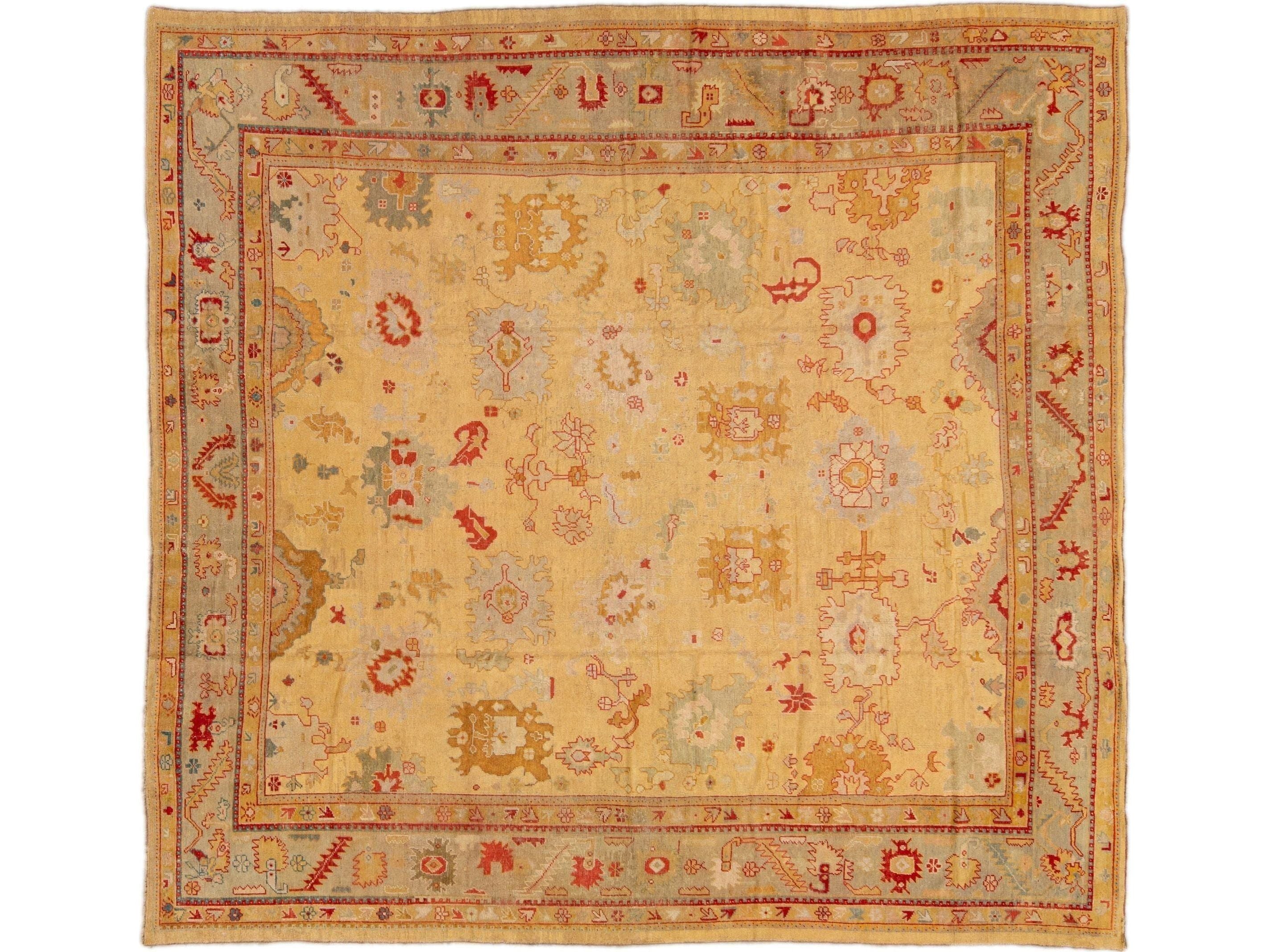 Antique Turkish Oushak Goldenrod Handmade Square Wool Rug