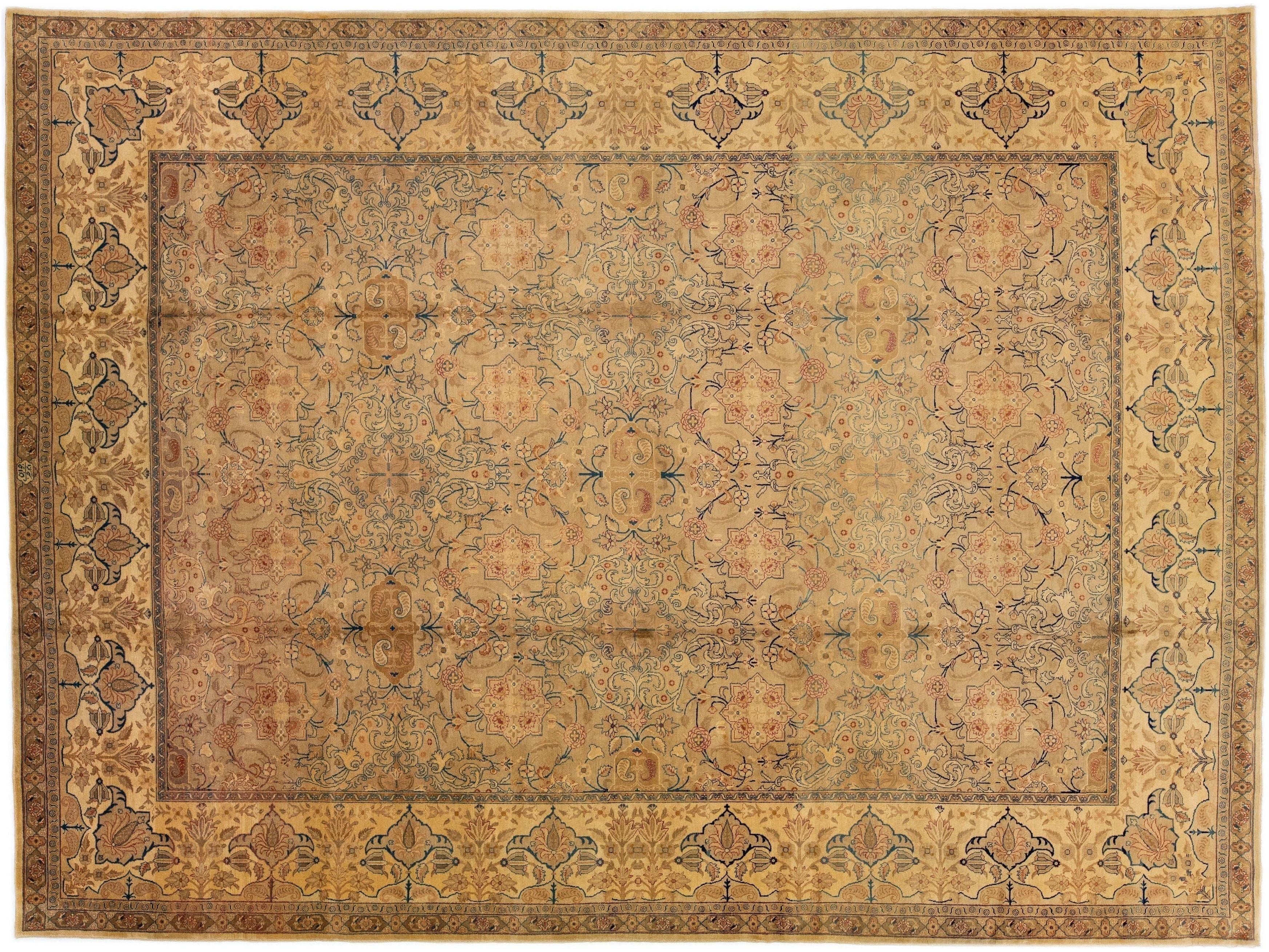 Antique Tabriz Tan Handmade Rosette Designed Oversize Persian Wool Rug