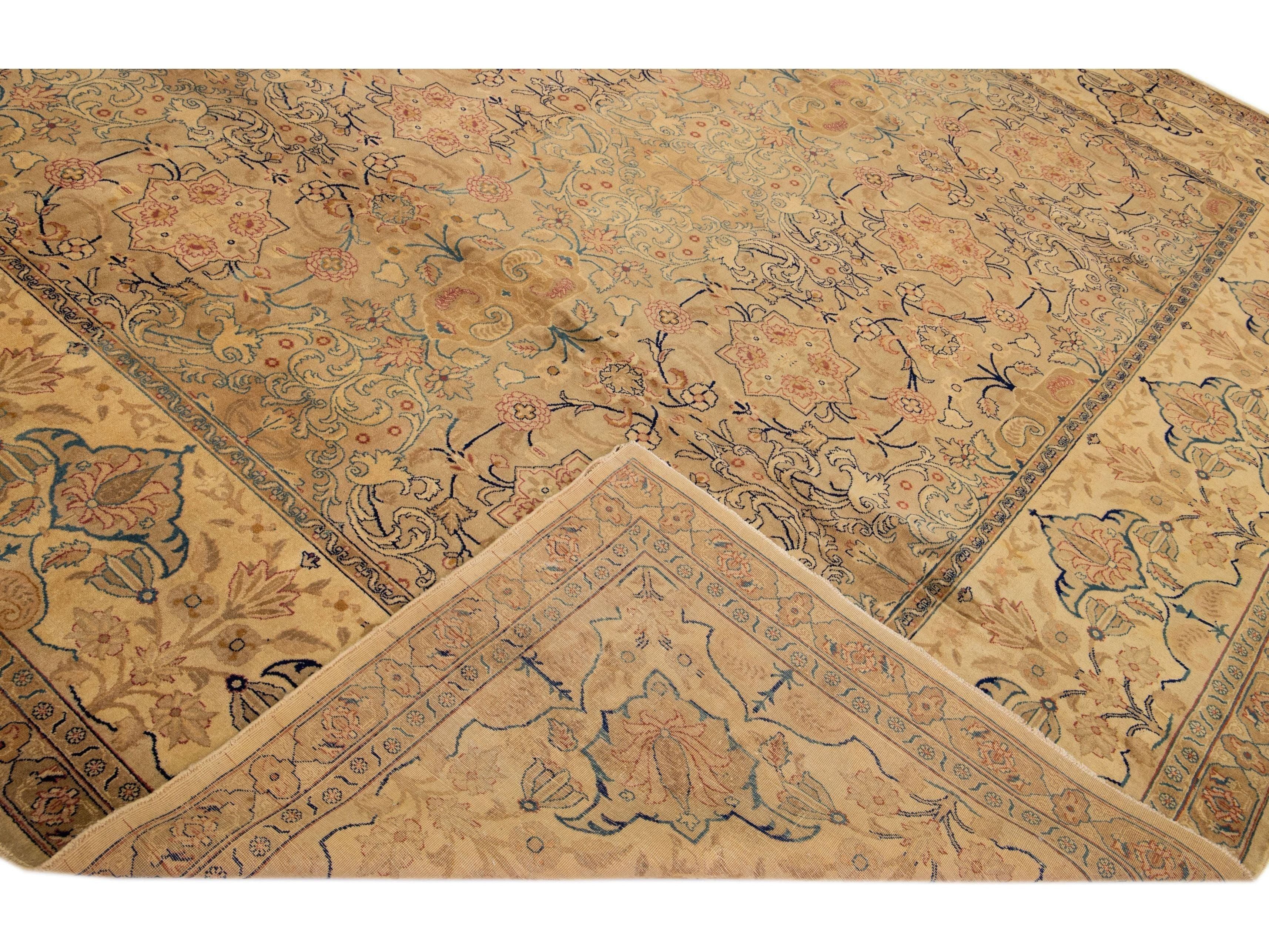 Antique Tabriz Tan Handmade Rosette Designed Oversize Persian Wool Rug