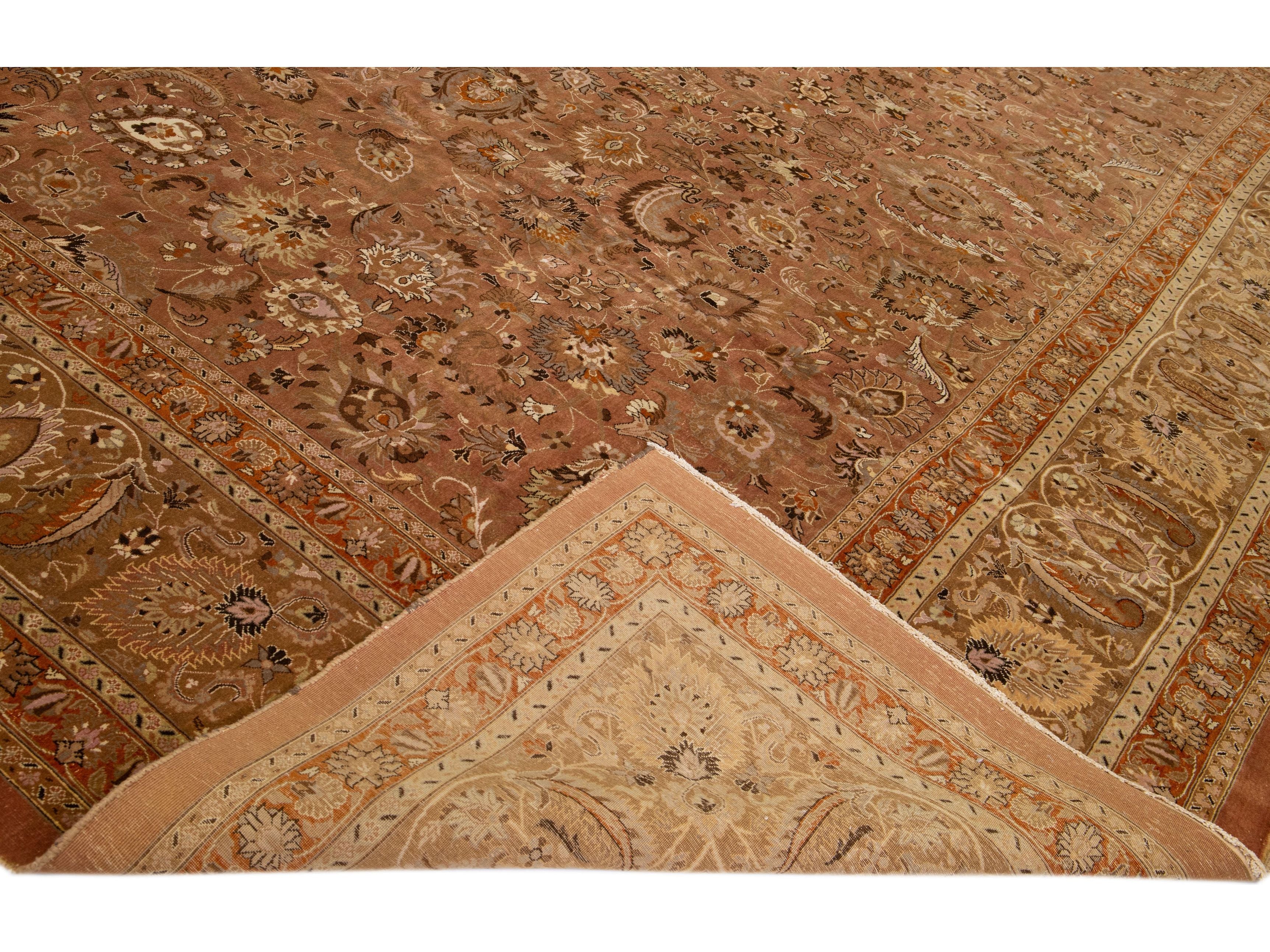 Antique Mashad Rust Handmade Rosette Oversize Wool Rug