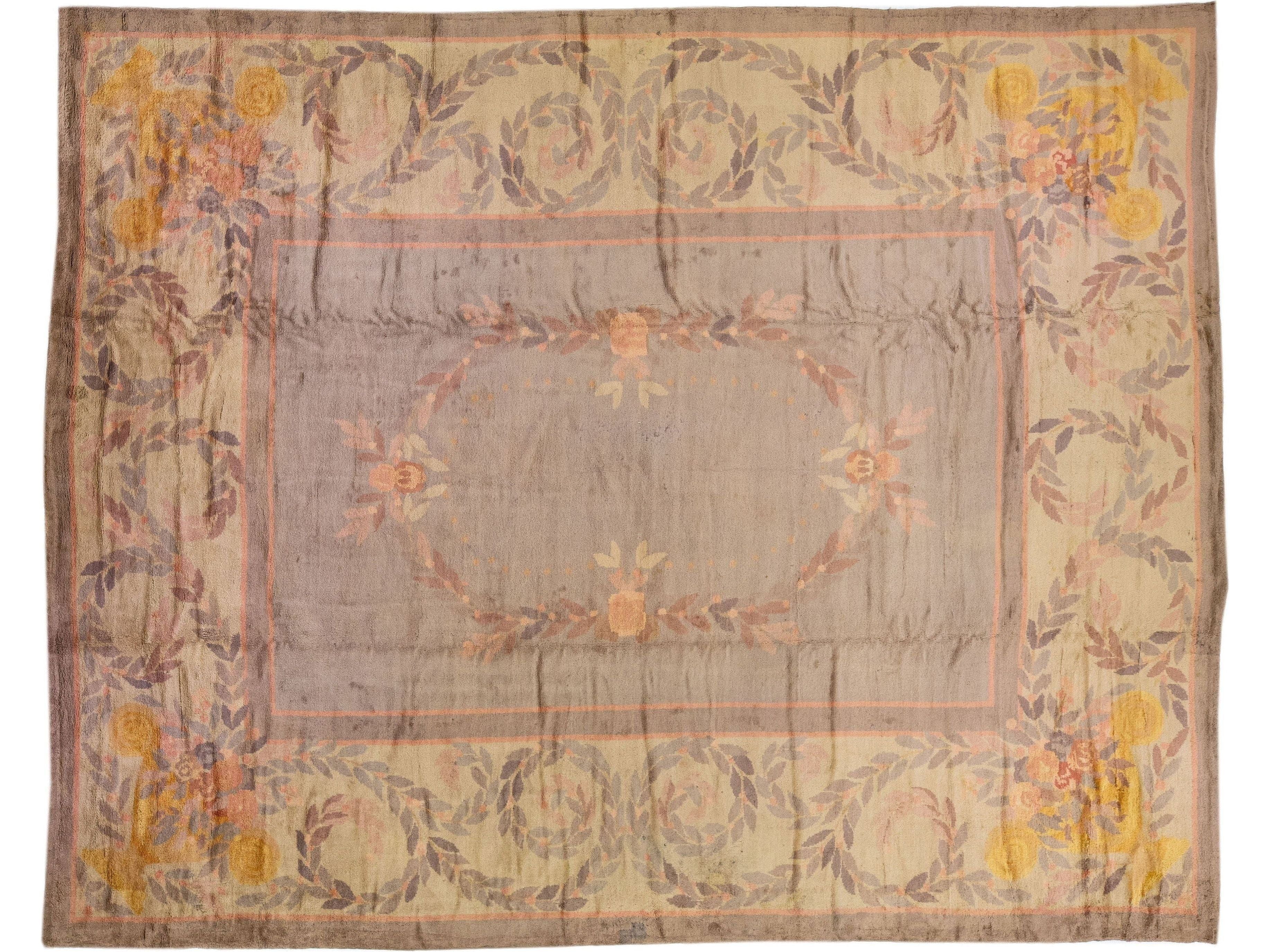 Vintage English Donegal Handmade Gray & Tan Designed Wool Rug