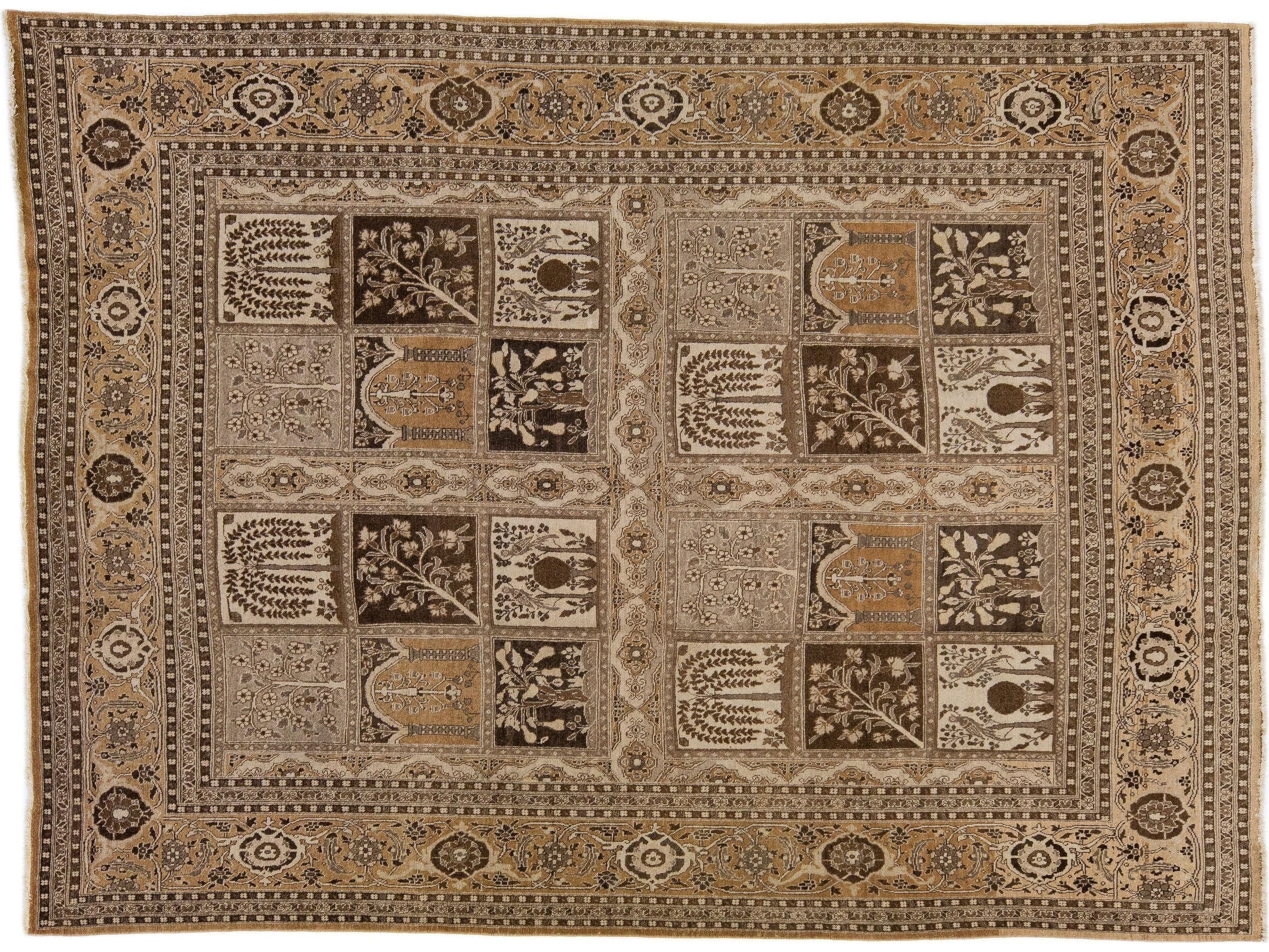 Brown Antique Persian Tabriz Handmade Wool Rug With Allover Design