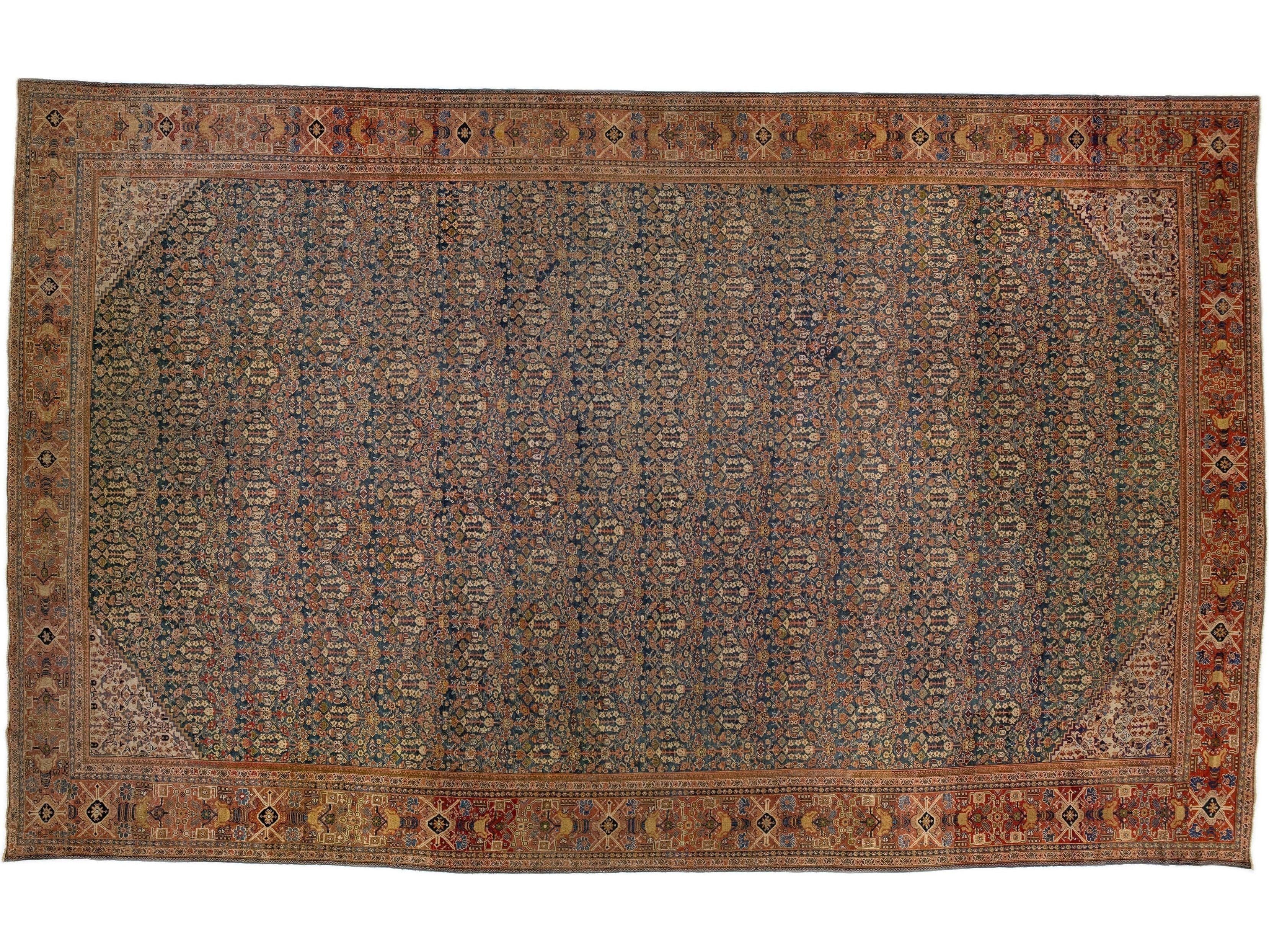 Antique Mahal Blue Handmade Oversize Wool Rug with Allover Motif