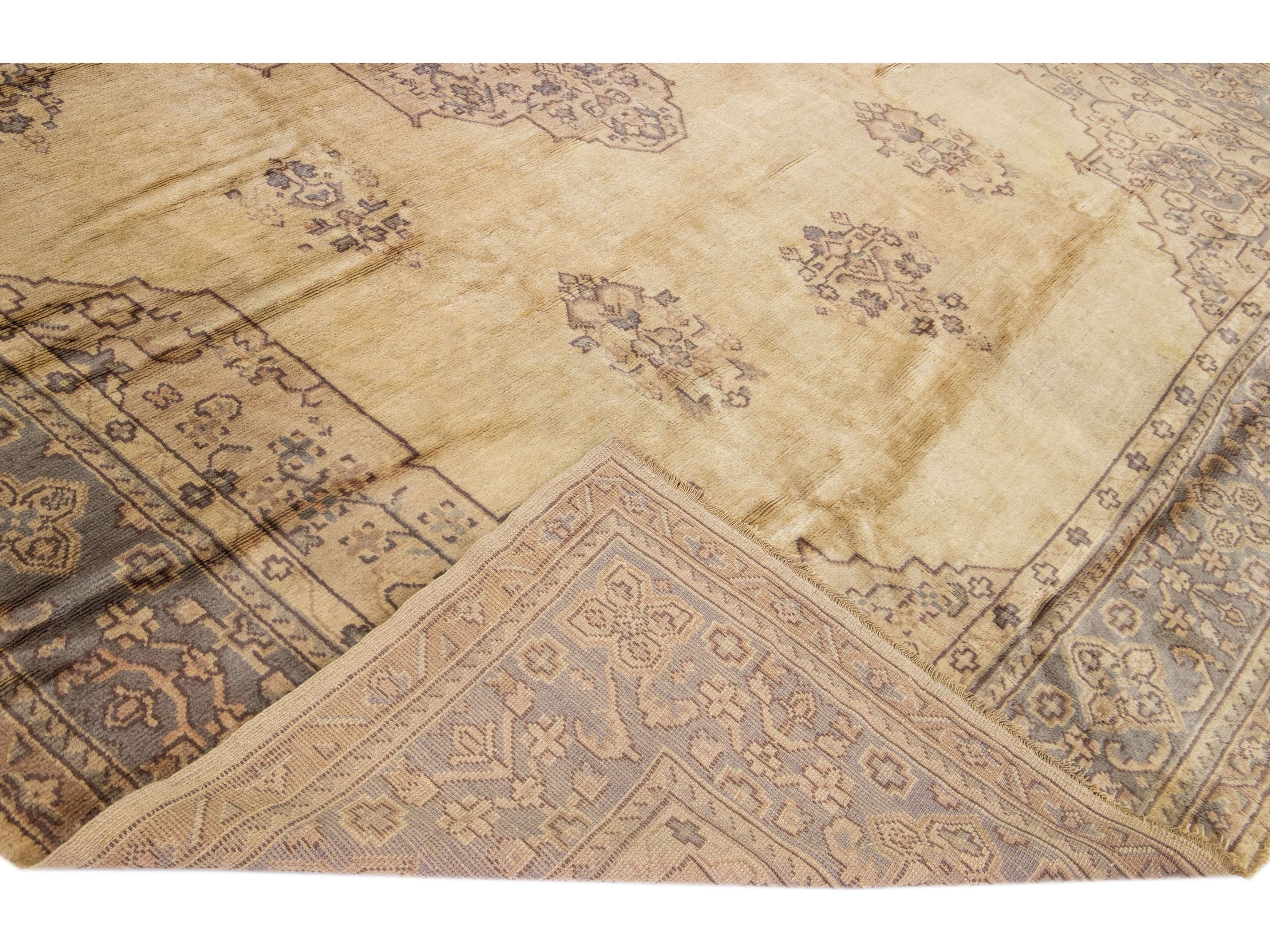 Antique Turkish Oushak Handmade Motif Beige & Grey Oversize Wool Rug