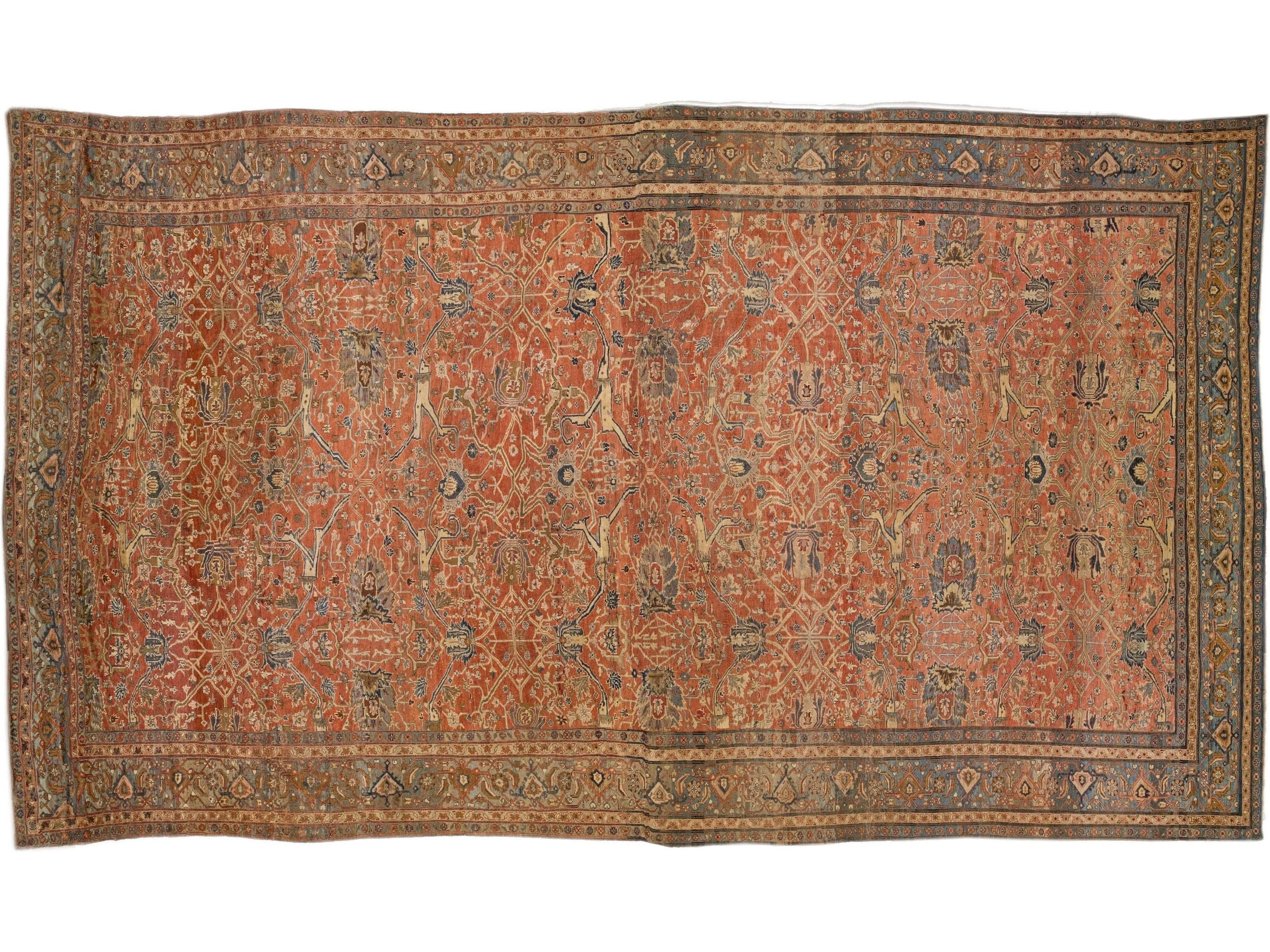 Antique Bakshaish Persian Handmade Rust Oversize Wool Rug with Allover Motif