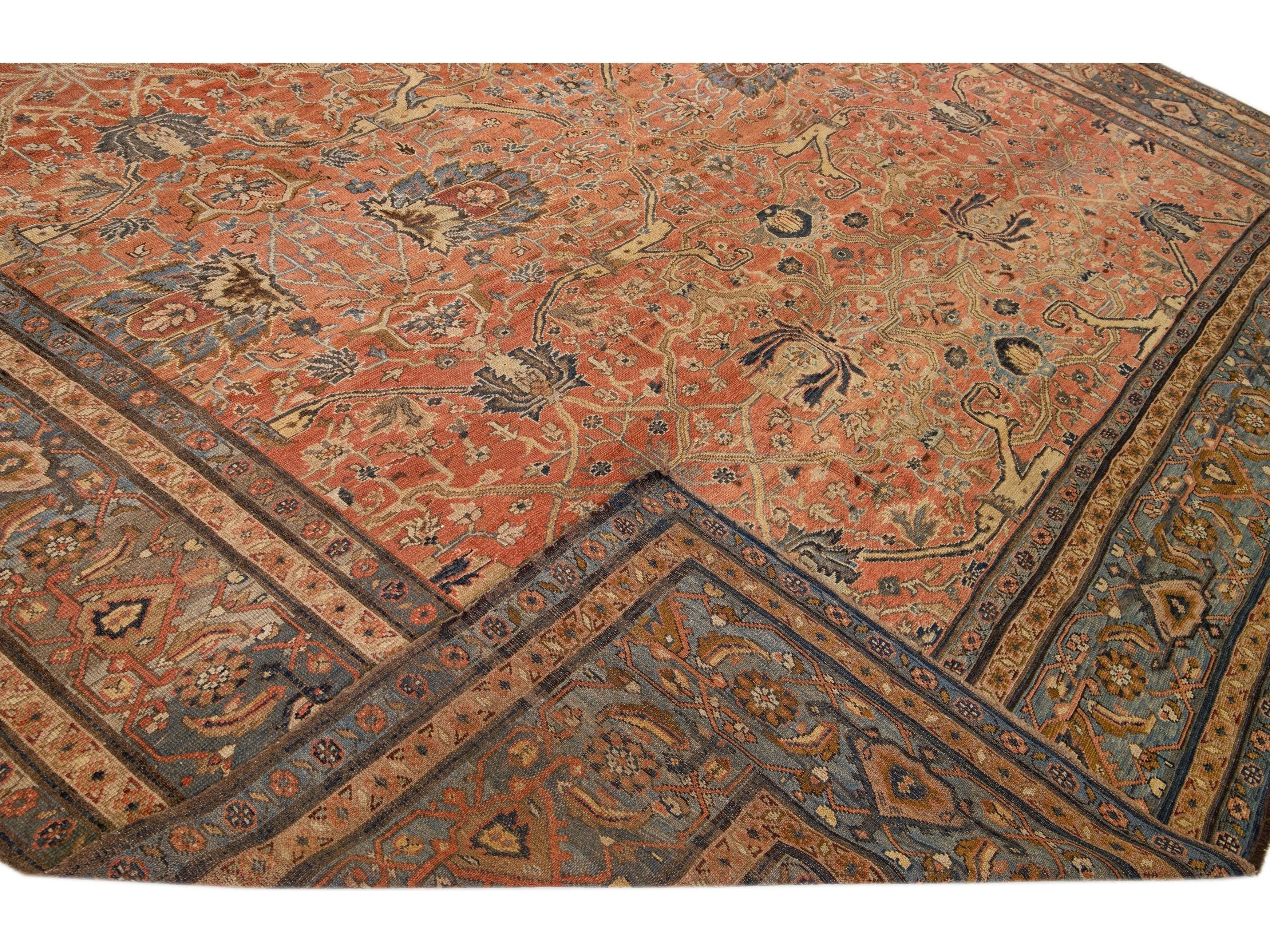 Antique Bakshaish Persian Handmade Rust Oversize Wool Rug with Allover Motif
