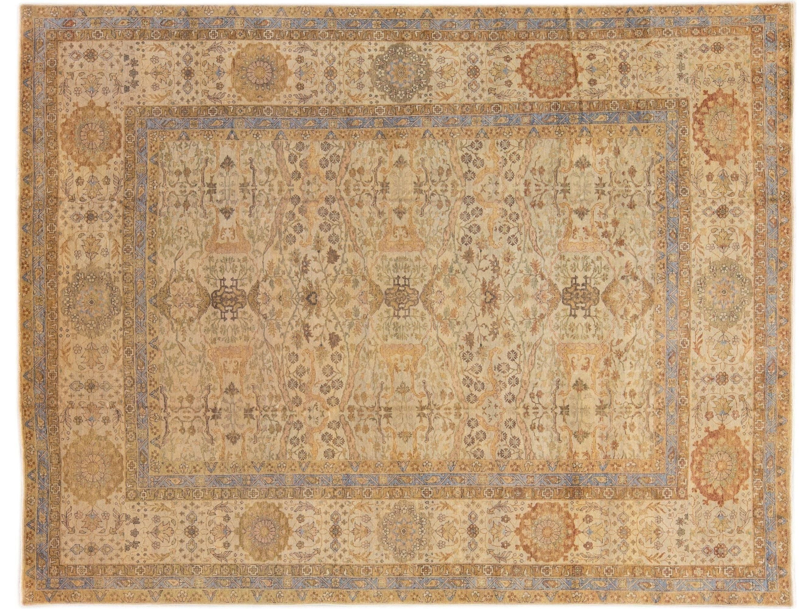 Beige Modern Indian Handmade Floral Designed Wool Rug