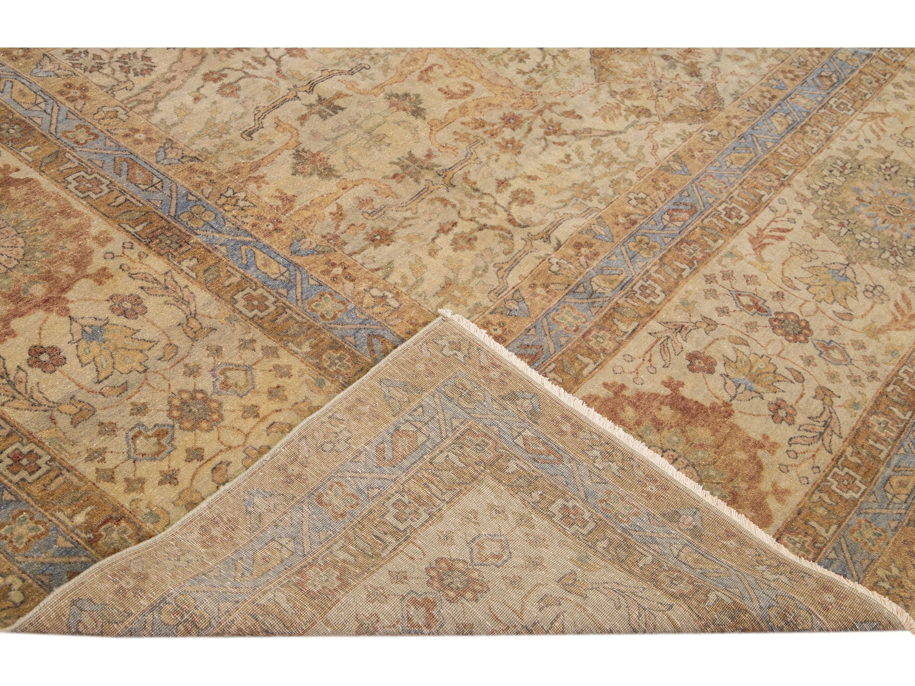 Beige Modern Indian Handmade Floral Designed Wool Rug