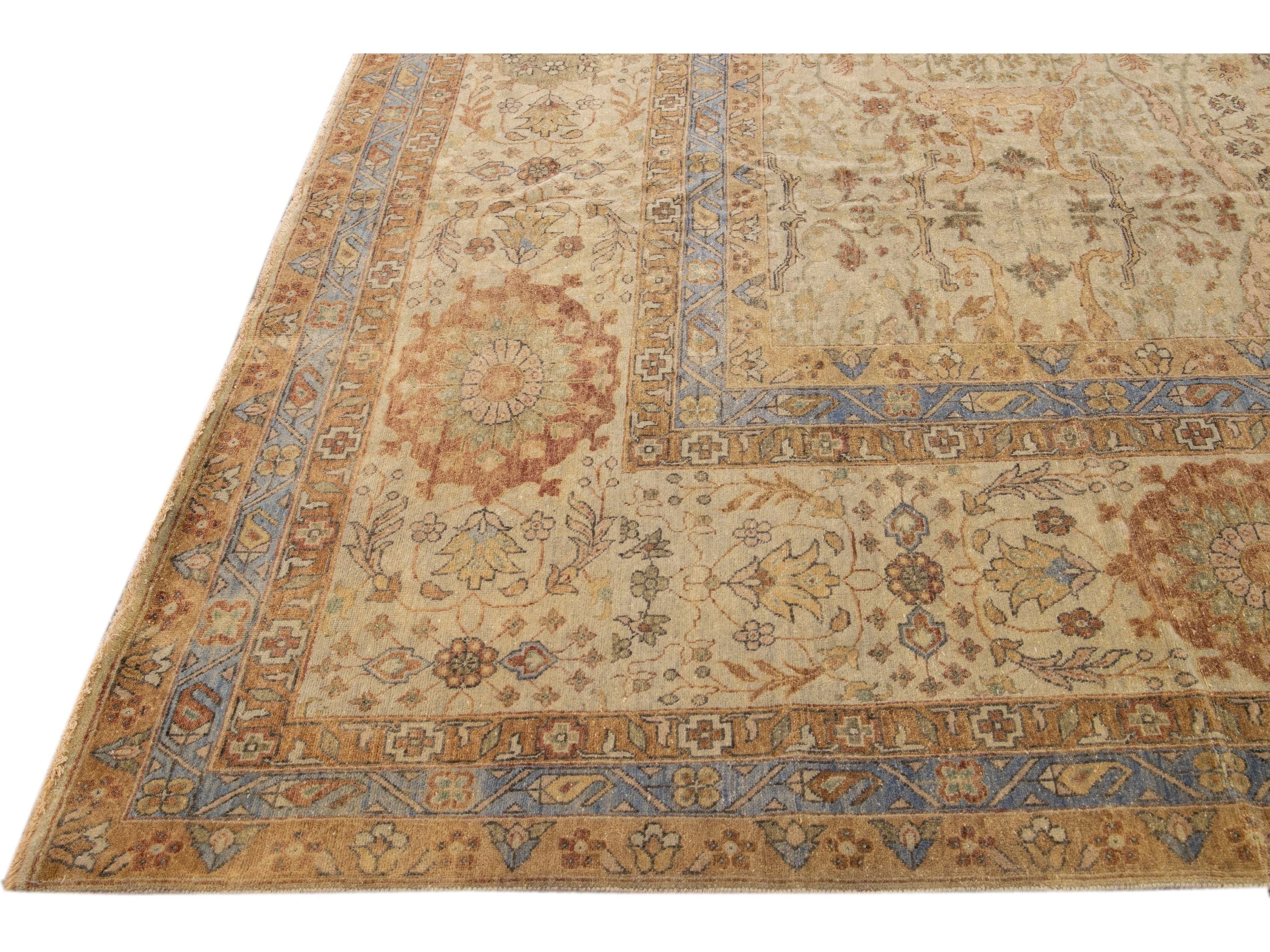 Beige Modern Indian Handmade Floral Designed Wool Rug