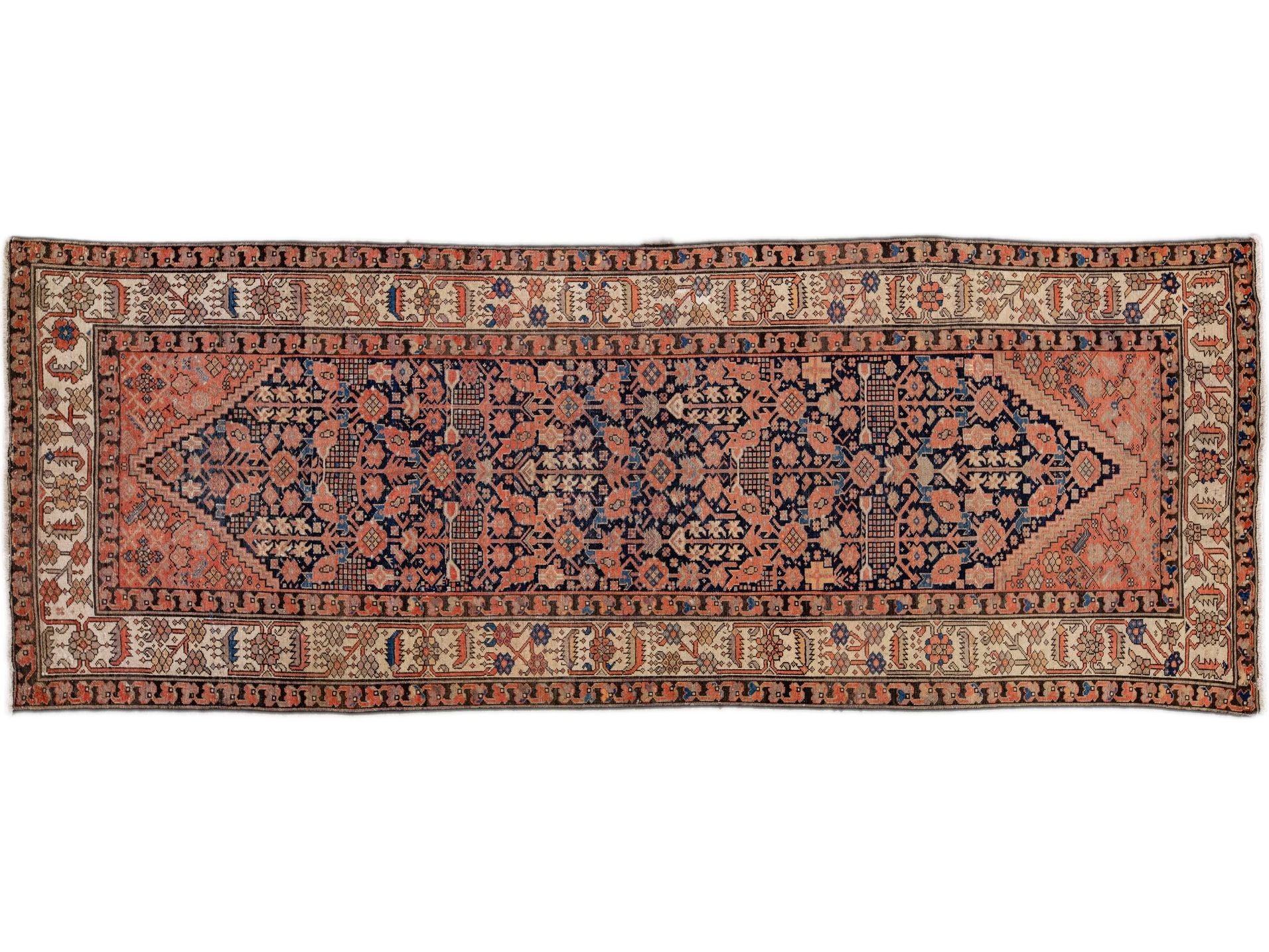 Antique Malayer Handmade Allover Motif Blue and Rust Wool Runner