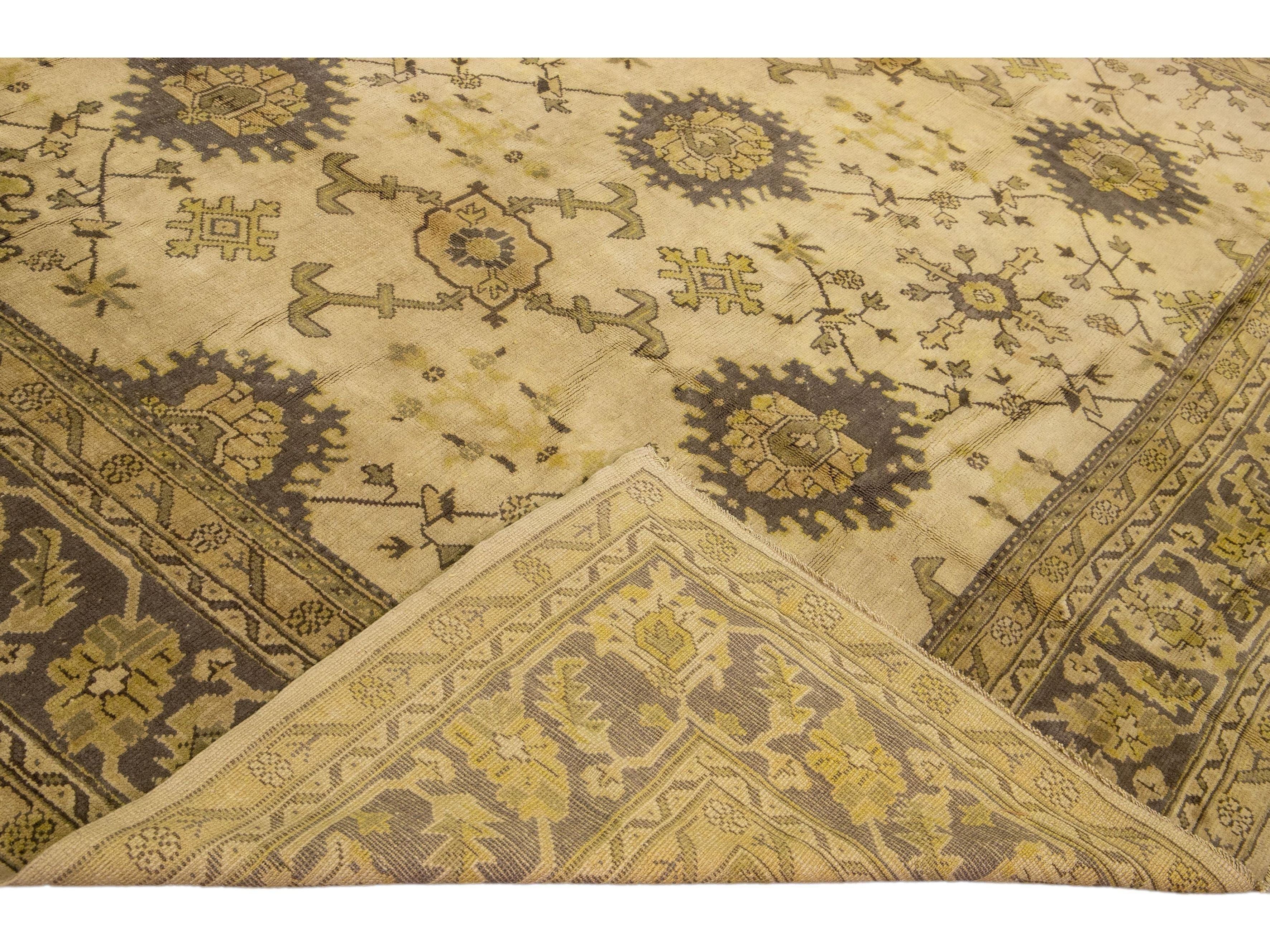 19th-Century Antique Turkish Oushak Beige Floral Wool Rug