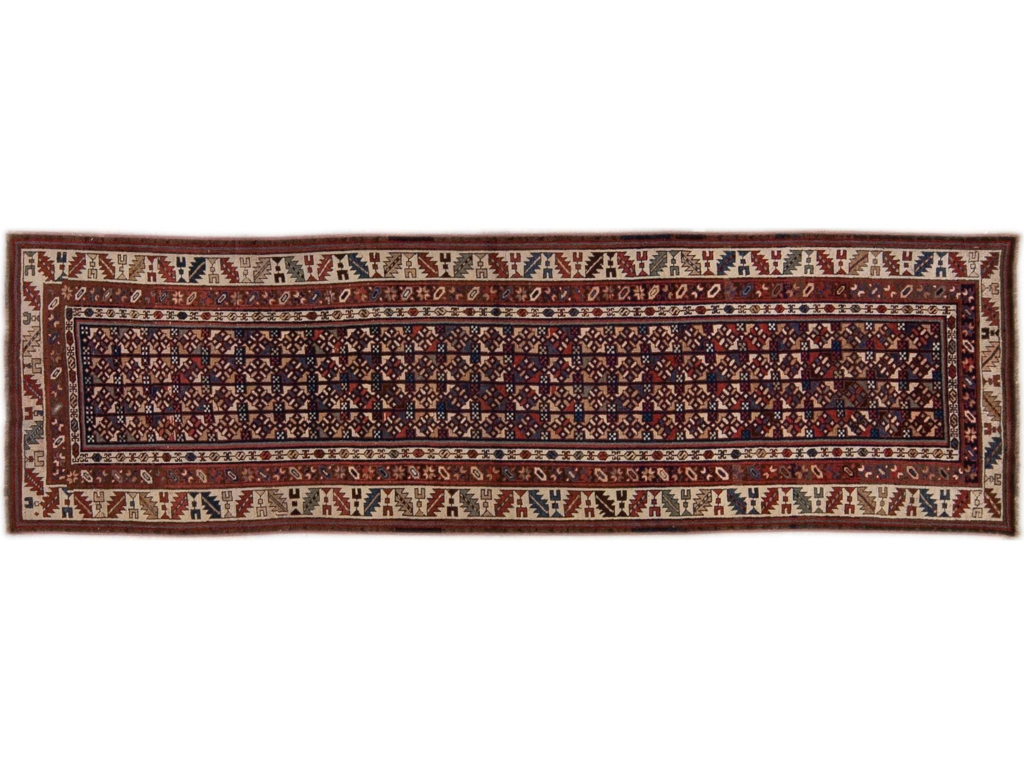 Antique Persian Kurdish Handmade Allover Geometric Wool Runner
