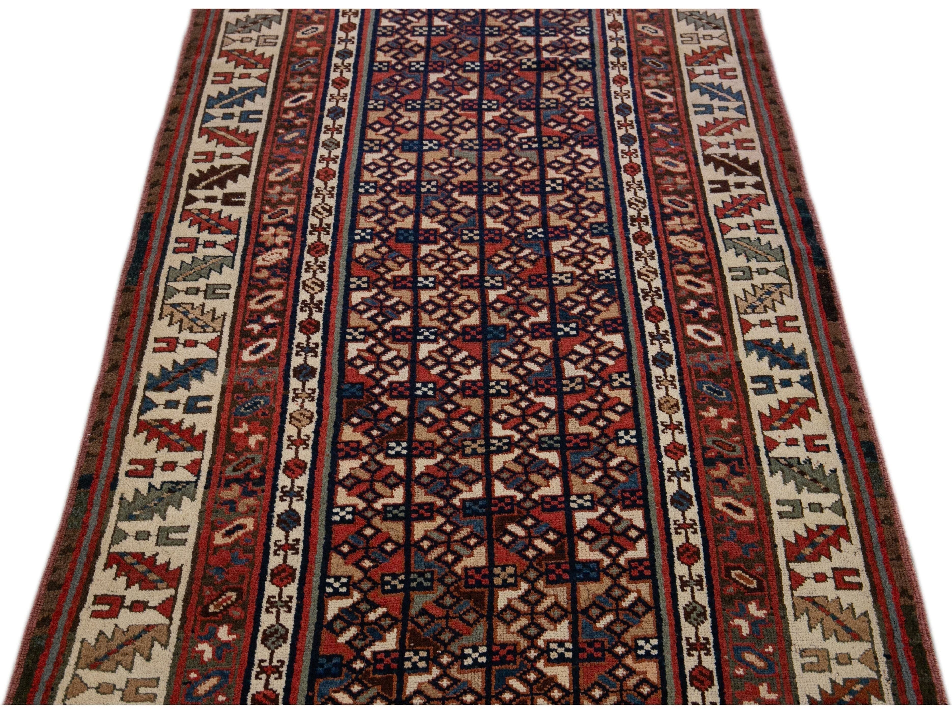 Antique Persian Kurdish Handmade Allover Geometric Wool Runner