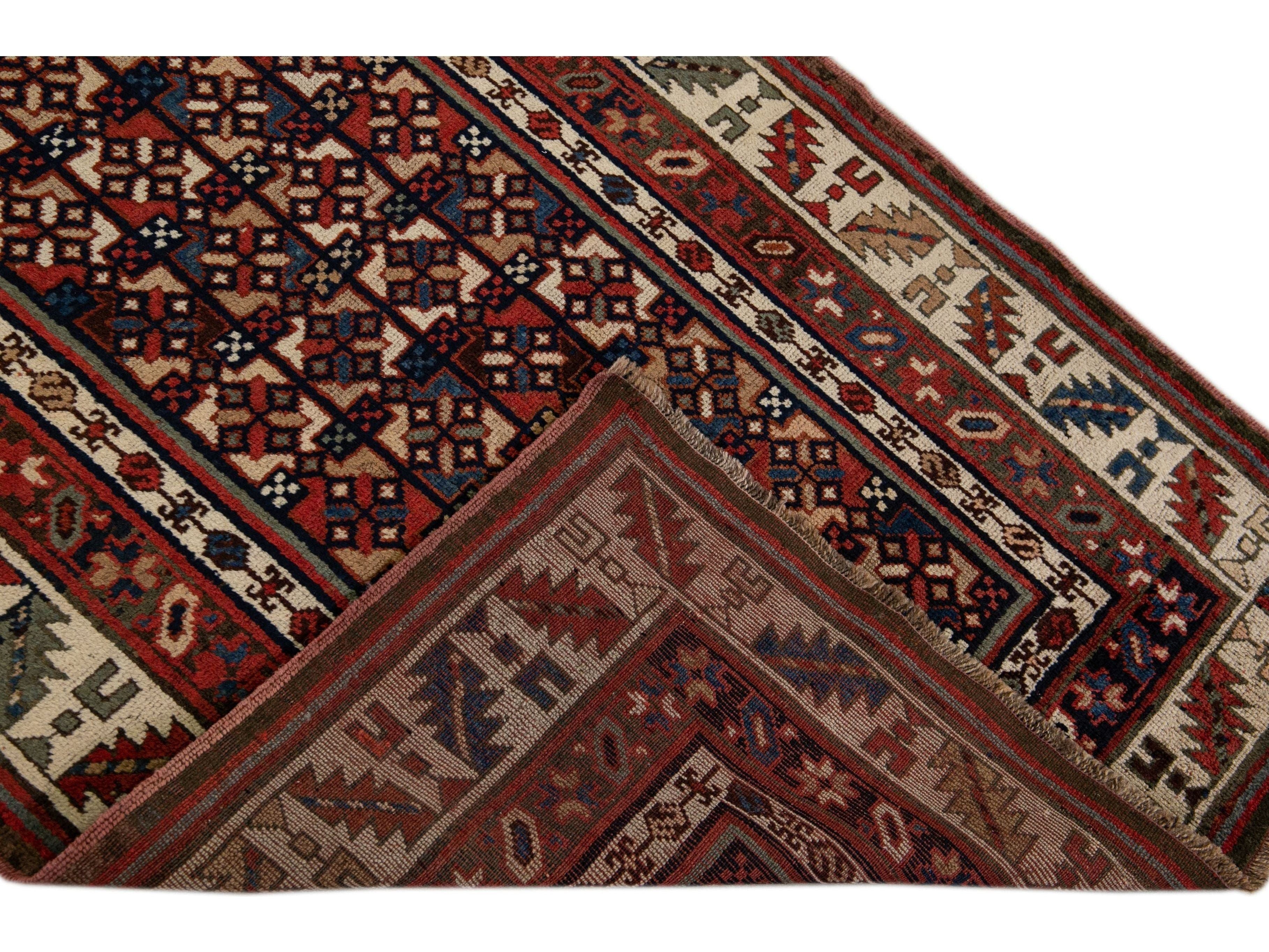 Antique Persian Kurdish Handmade Allover Geometric Wool Runner