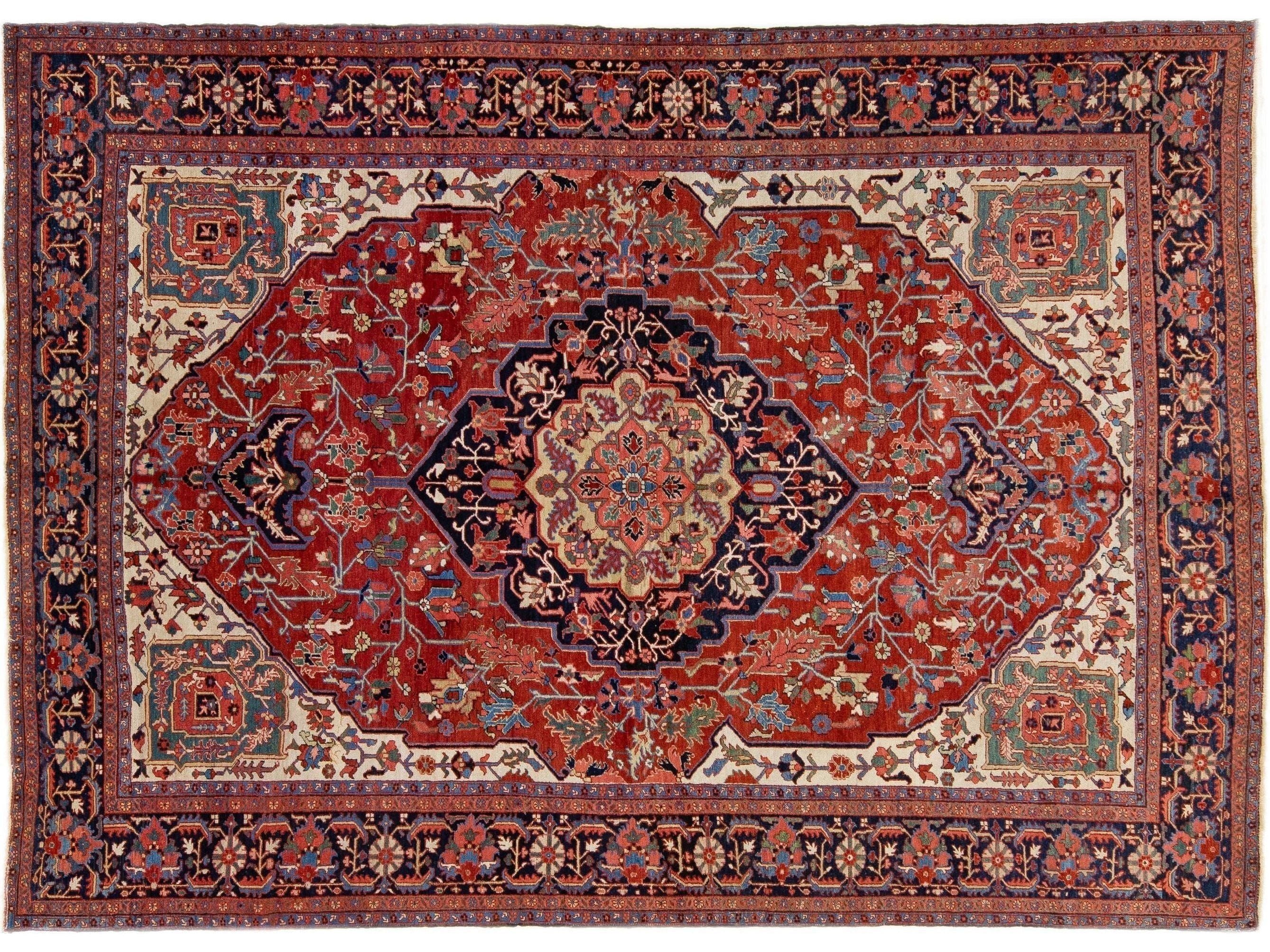 Red Antique Heriz Handmade Room Size Persian Wool Rug with Medallion Motif