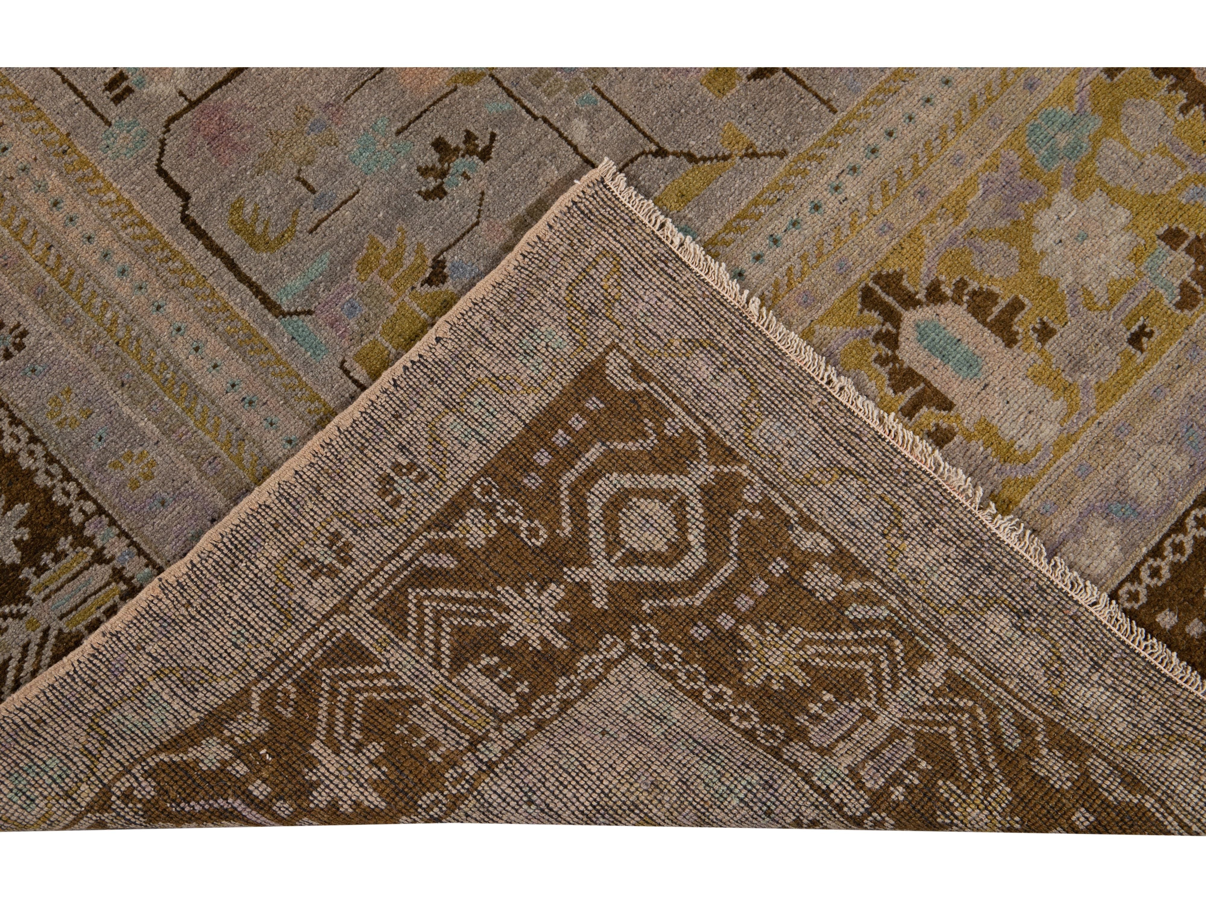 Antique Khotan Handmade Medallion Floral Motif Tan Room Size Wool Rug