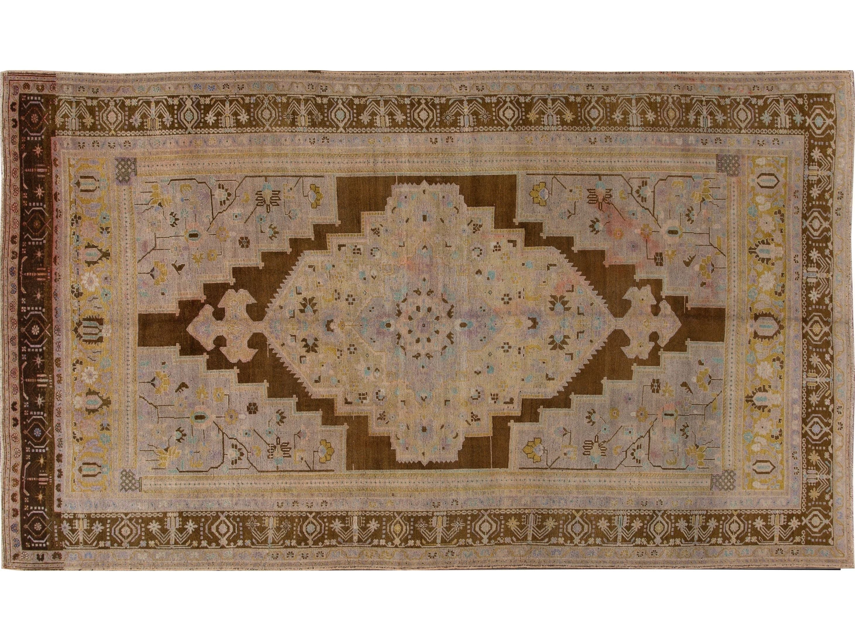 Antique Khotan Handmade Medallion Floral Motif Tan Room Size Wool Rug