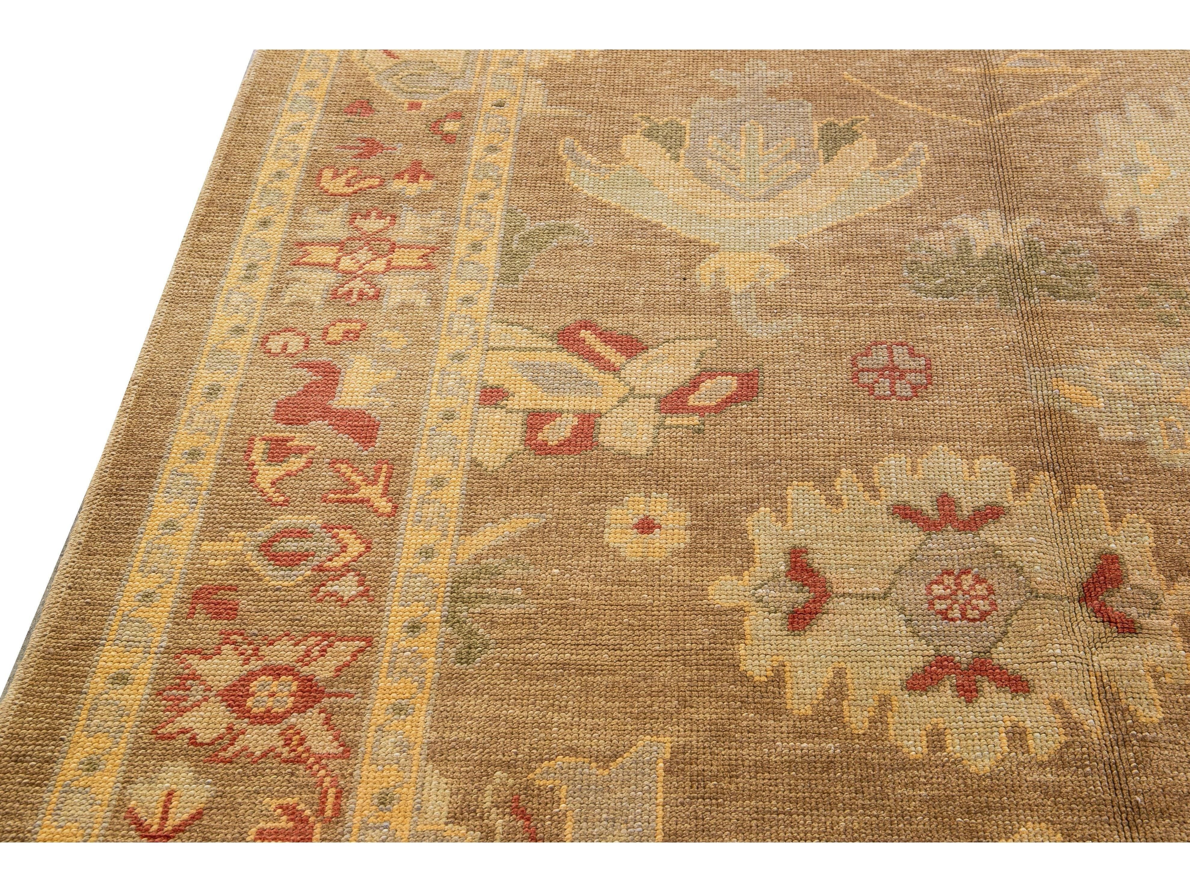 Modern Turkish Oushak Handmade Floral Motif Tan Wool Rug 