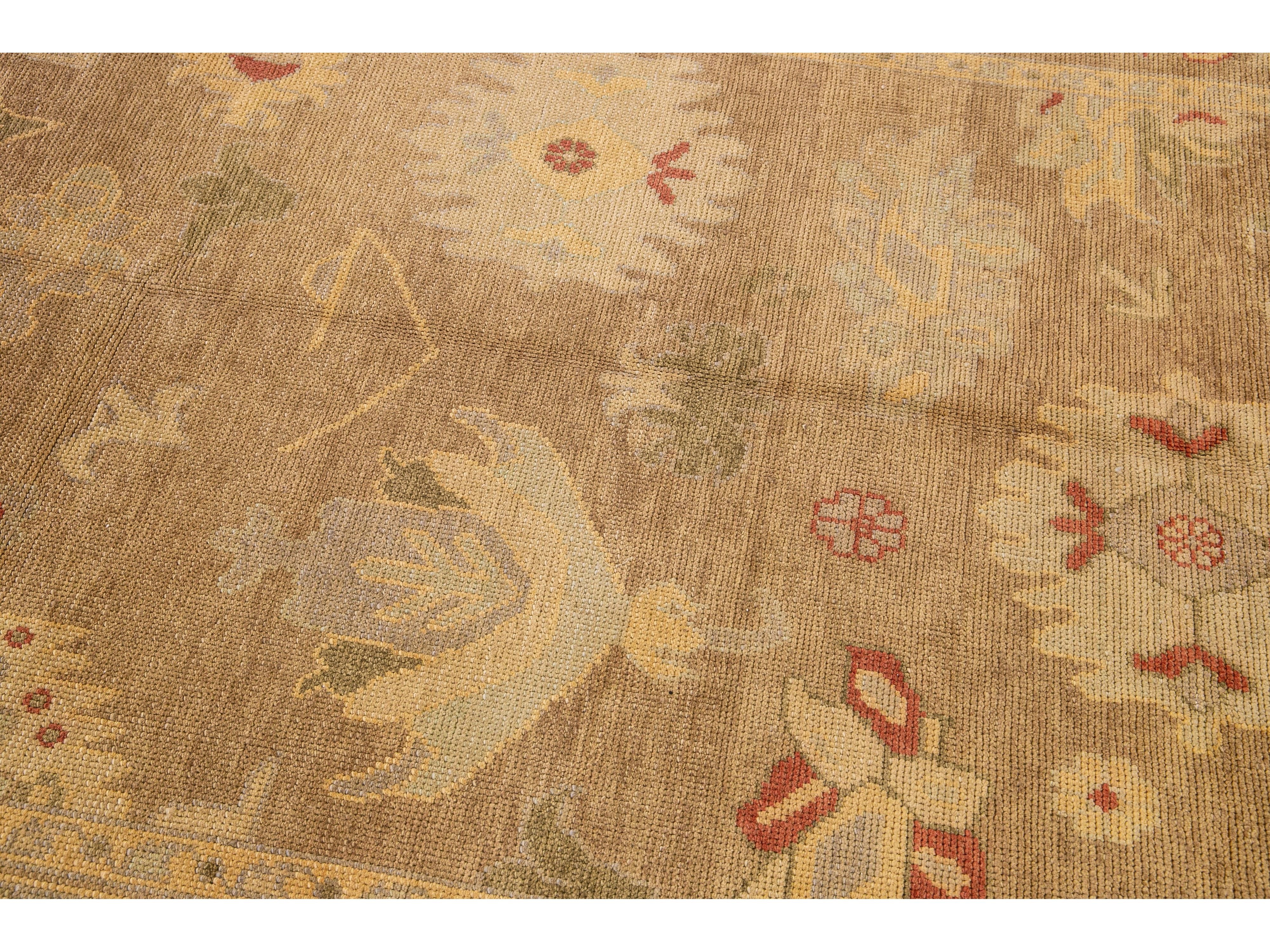 Modern Turkish Oushak Handmade Floral Motif Tan Wool Rug 