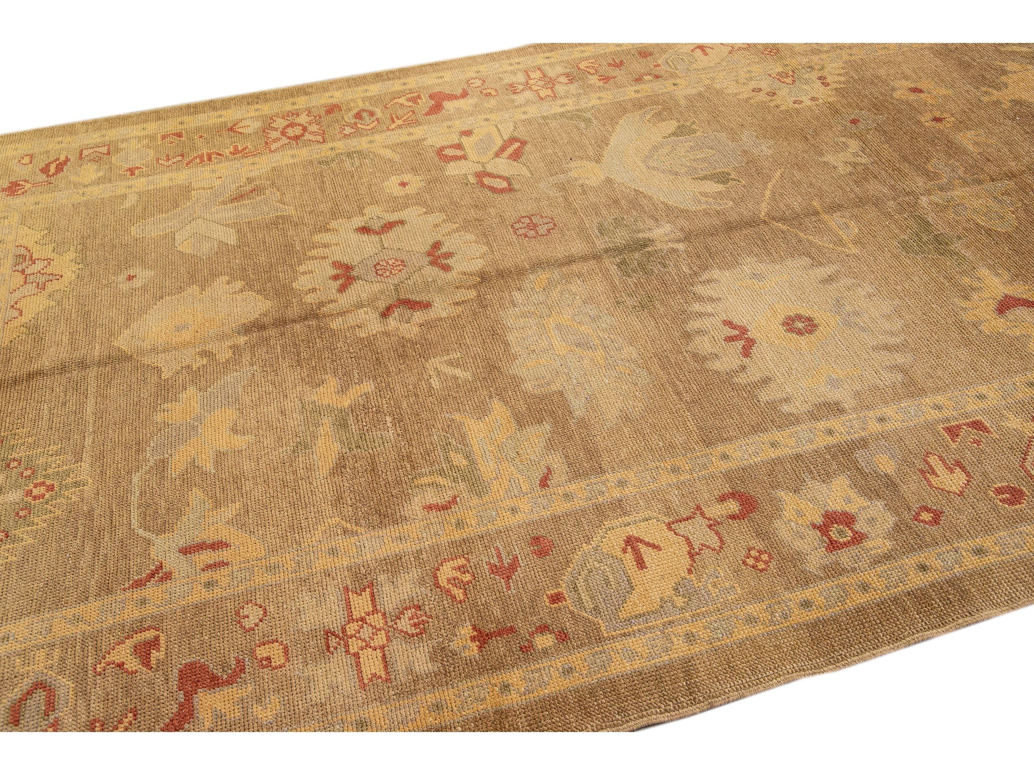 Modern Turkish Oushak Handmade Floral Motif Tan Wool Rug 
