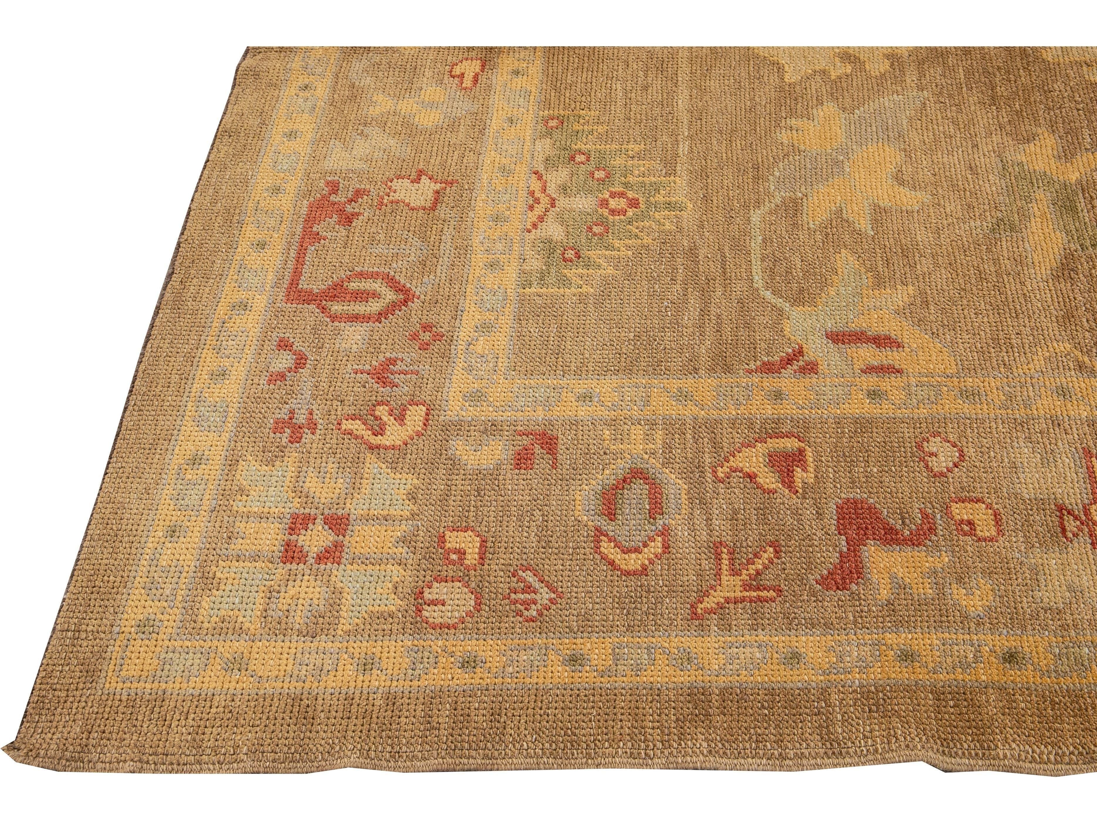 Modern Turkish Oushak Handmade Floral Motif Tan Wool Rug 