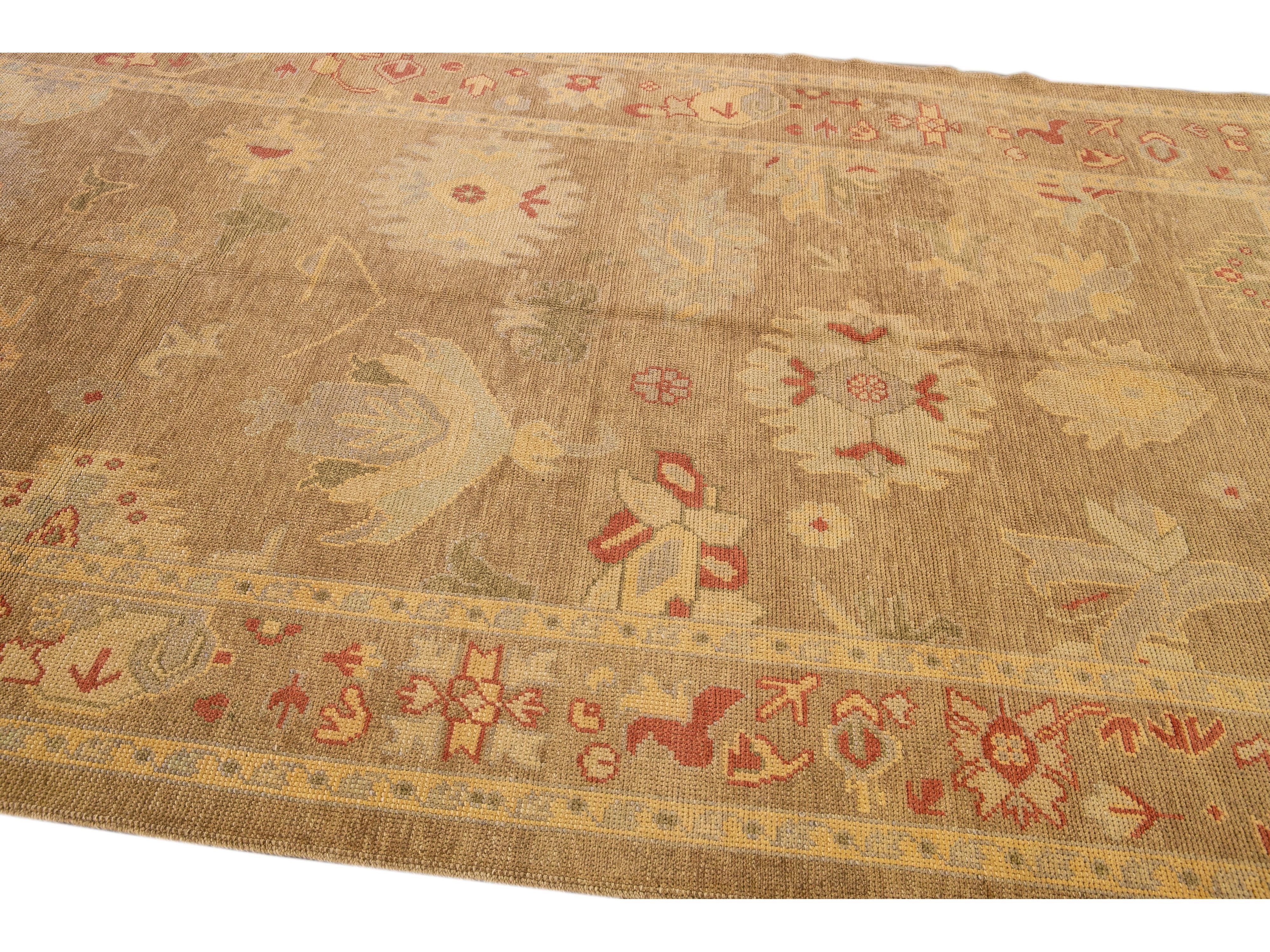 Modern Turkish Oushak Handmade Floral Motif Tan Wool Rug 