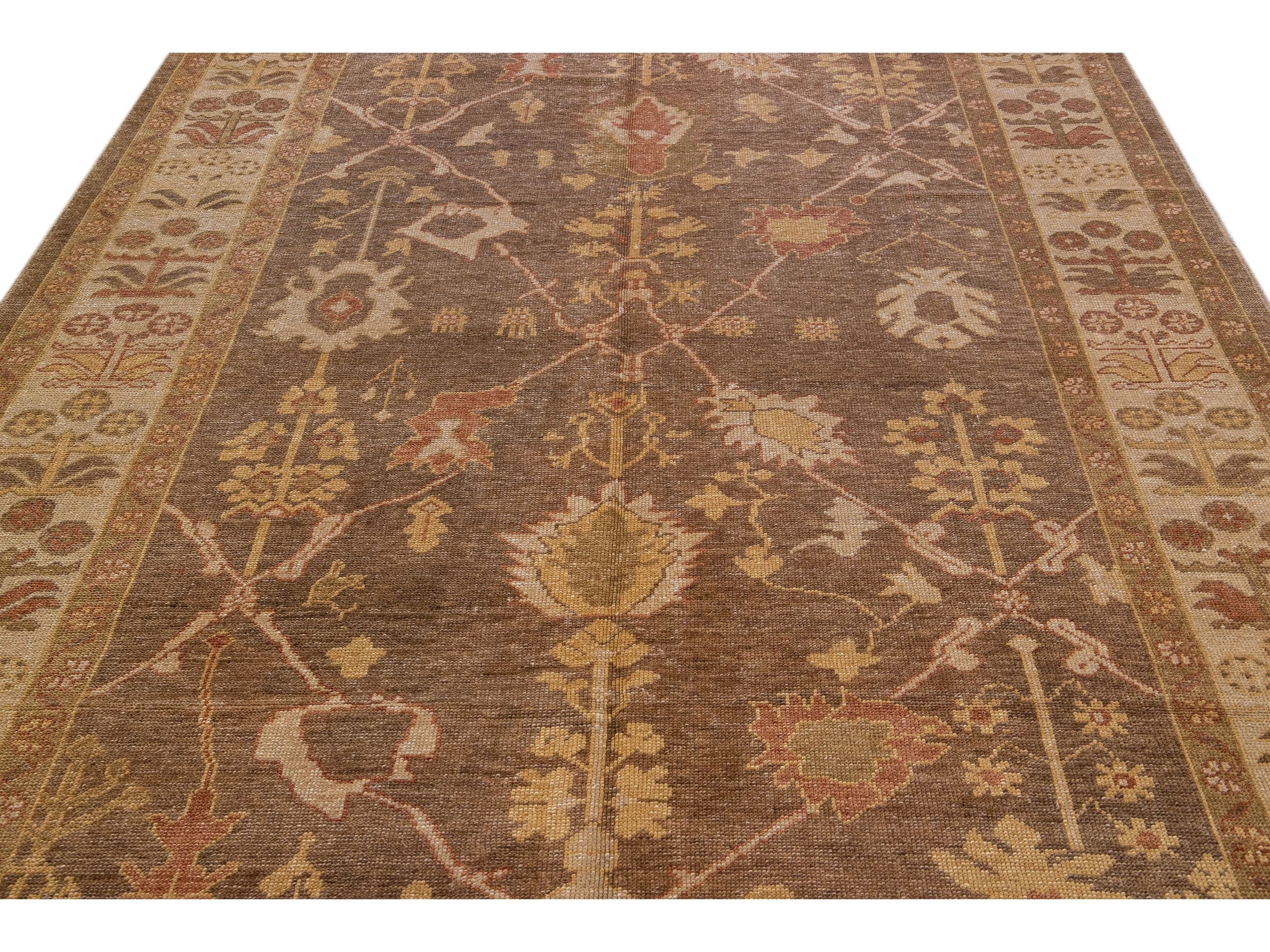 Modern Turkish Oushak Handmade Floral Motif Brown Gallery Wool Rug
