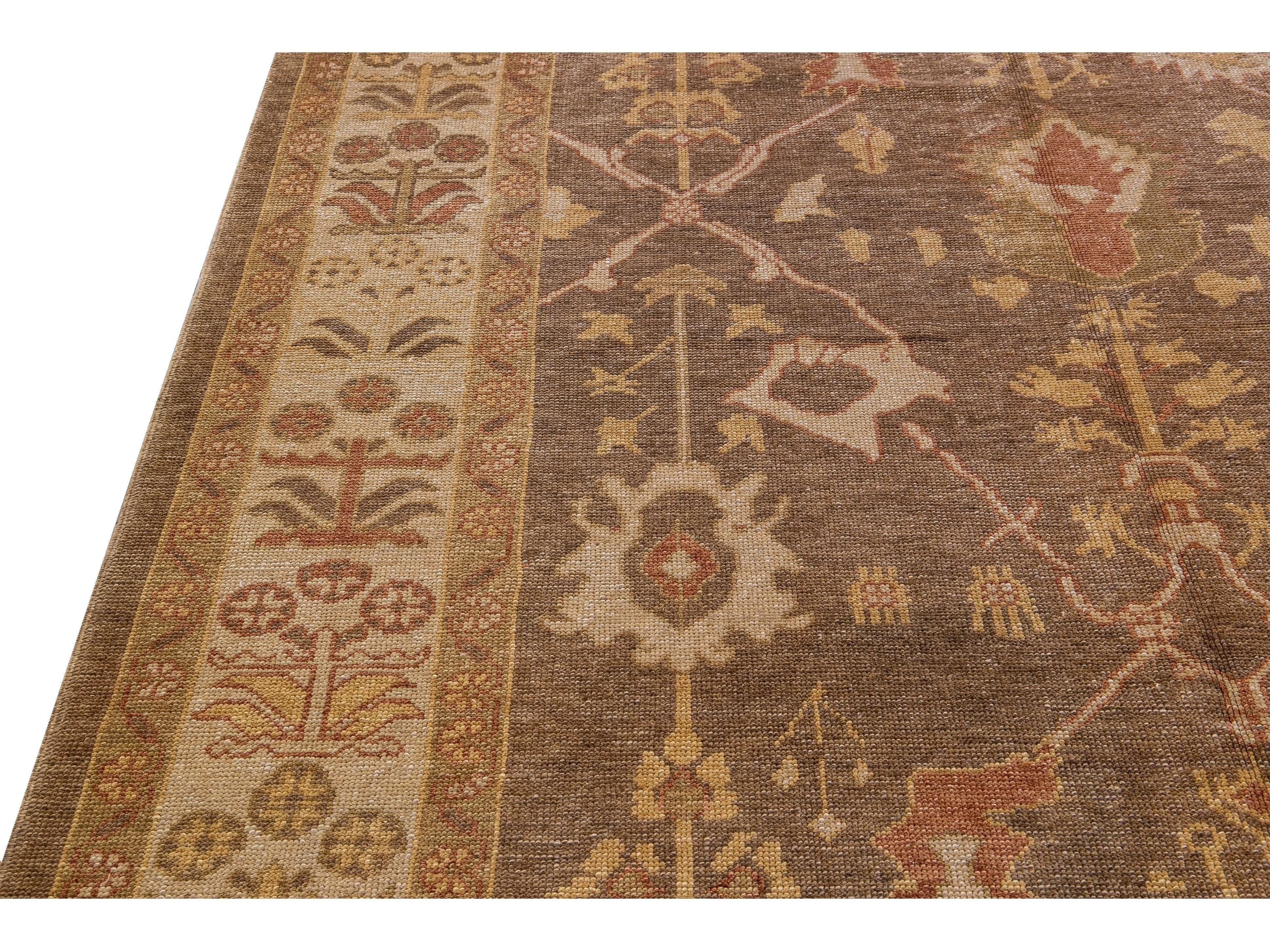 Modern Turkish Oushak Handmade Floral Motif Brown Gallery Wool Rug