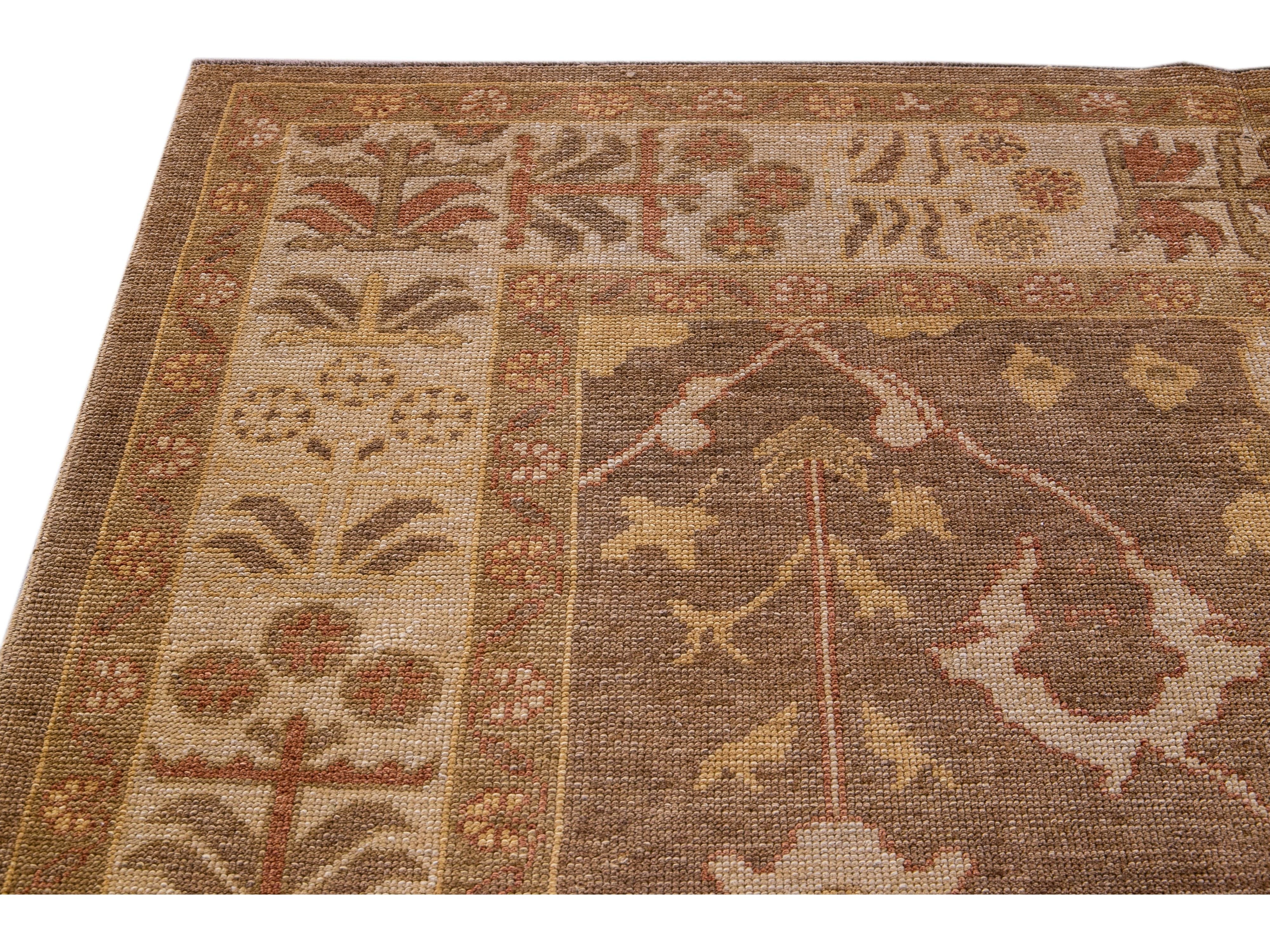 Modern Turkish Oushak Handmade Floral Motif Brown Gallery Wool Rug