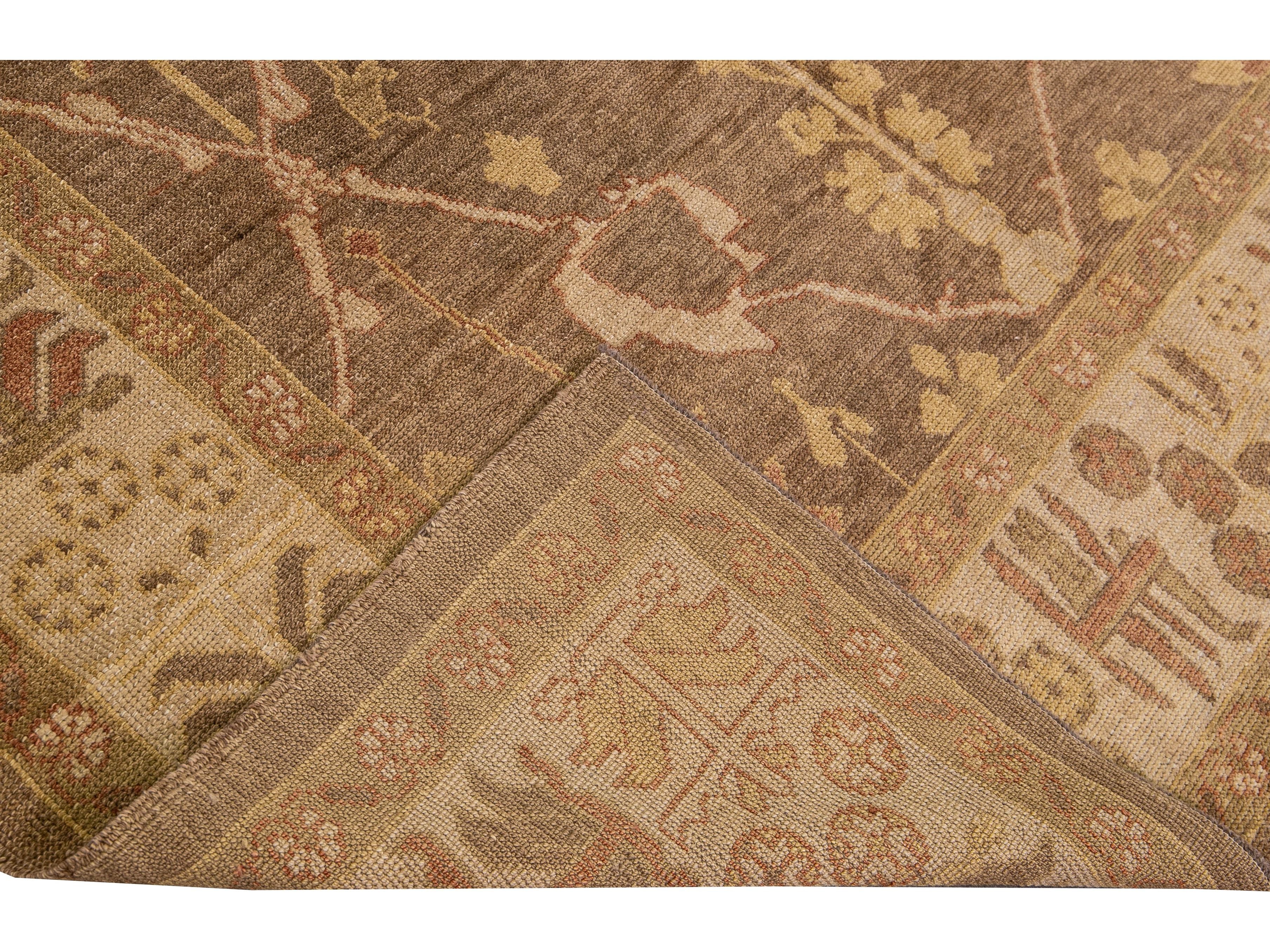 Modern Turkish Oushak Handmade Floral Motif Brown Gallery Wool Rug
