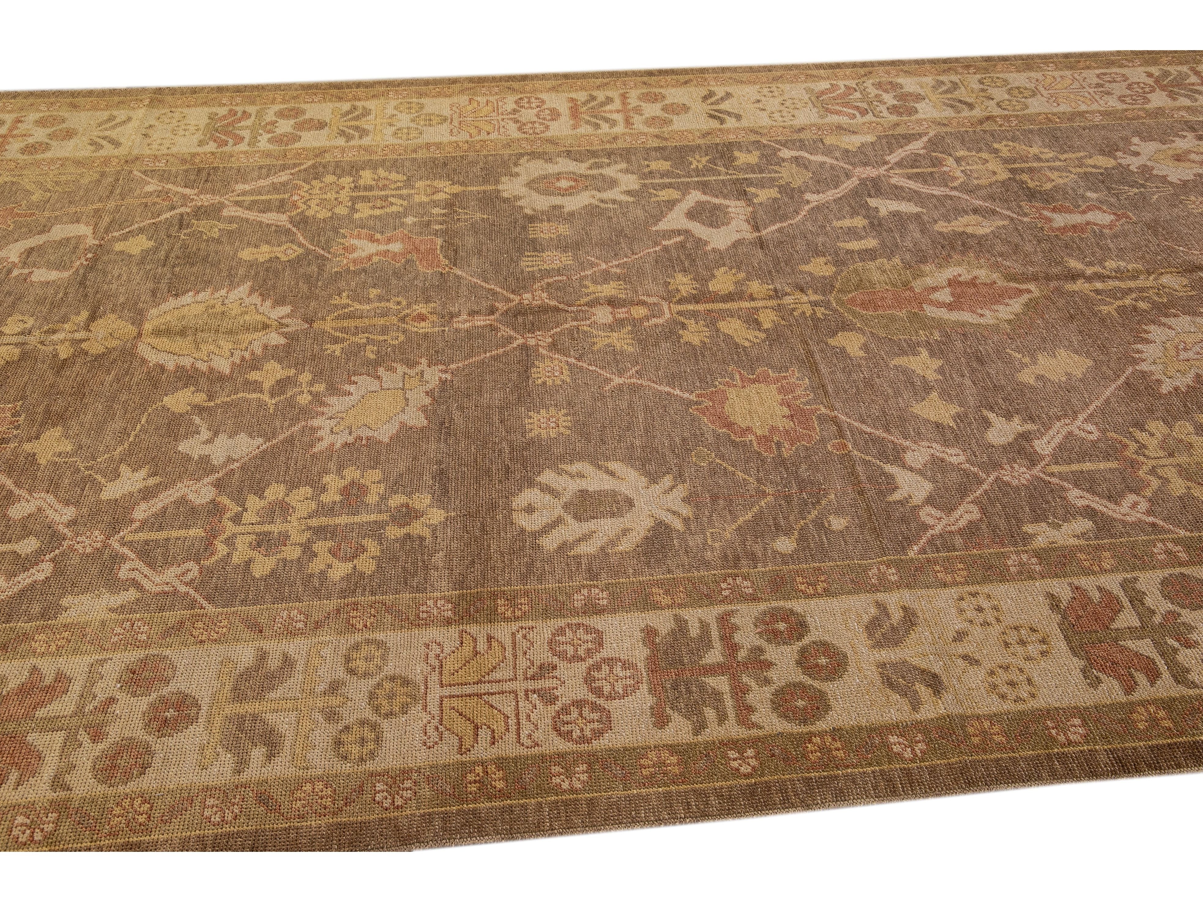 Modern Turkish Oushak Handmade Floral Motif Brown Gallery Wool Rug