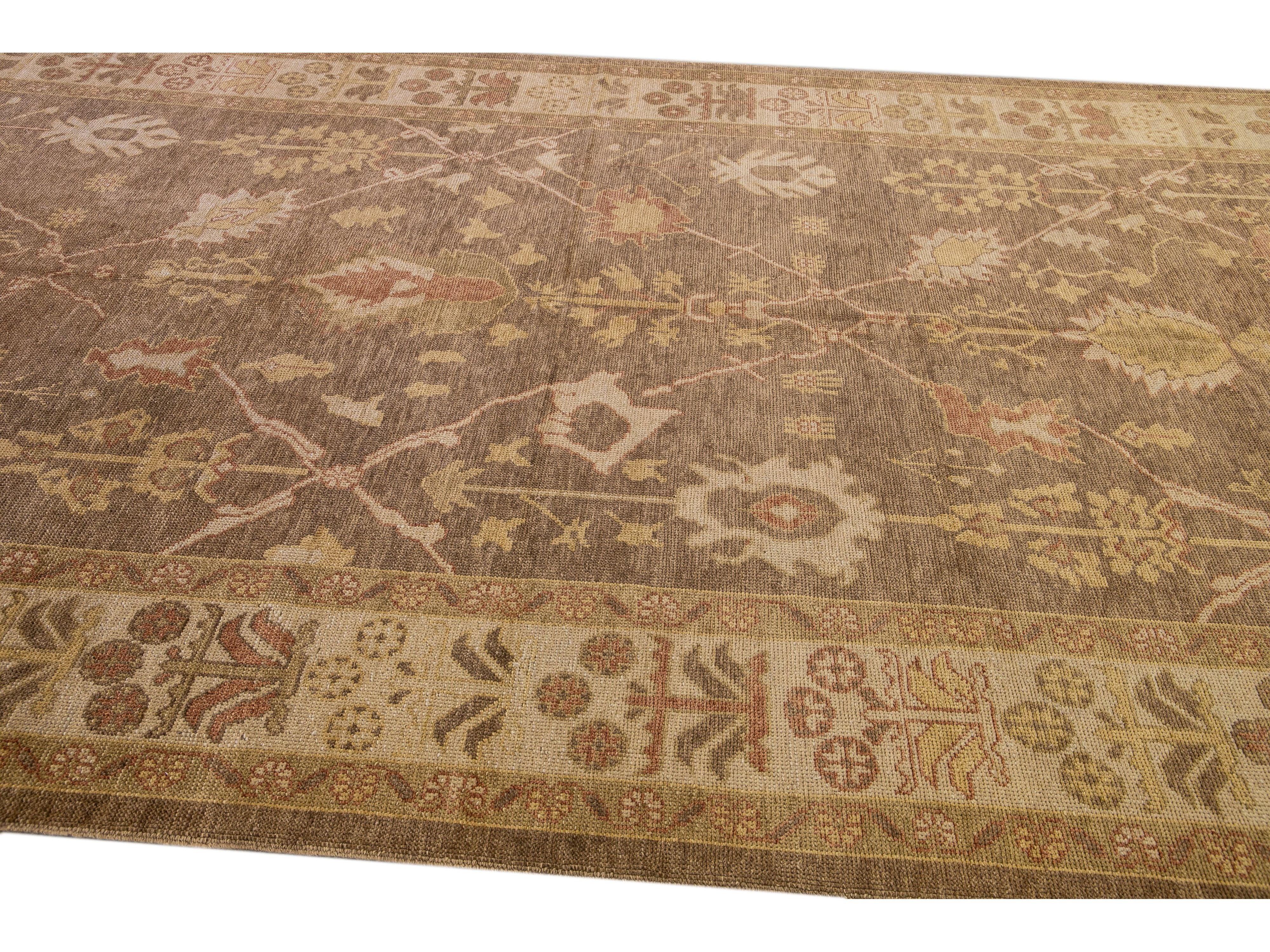 Modern Turkish Oushak Handmade Floral Motif Brown Gallery Wool Rug