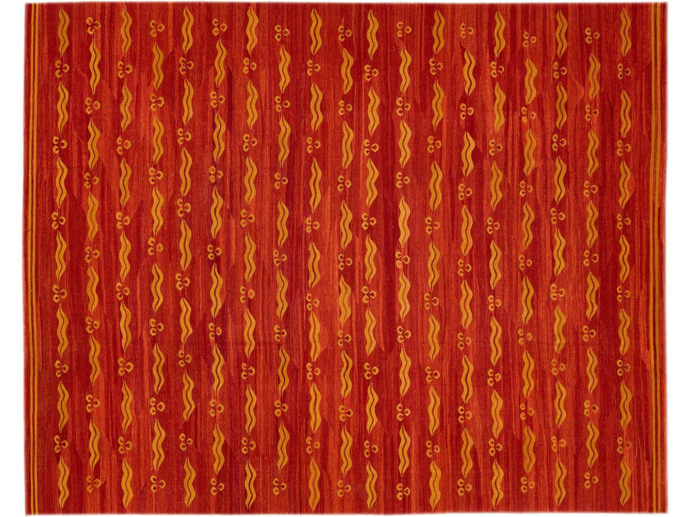 Modern Rust Kilim Flatweave Geometric Pattern Wool Rug