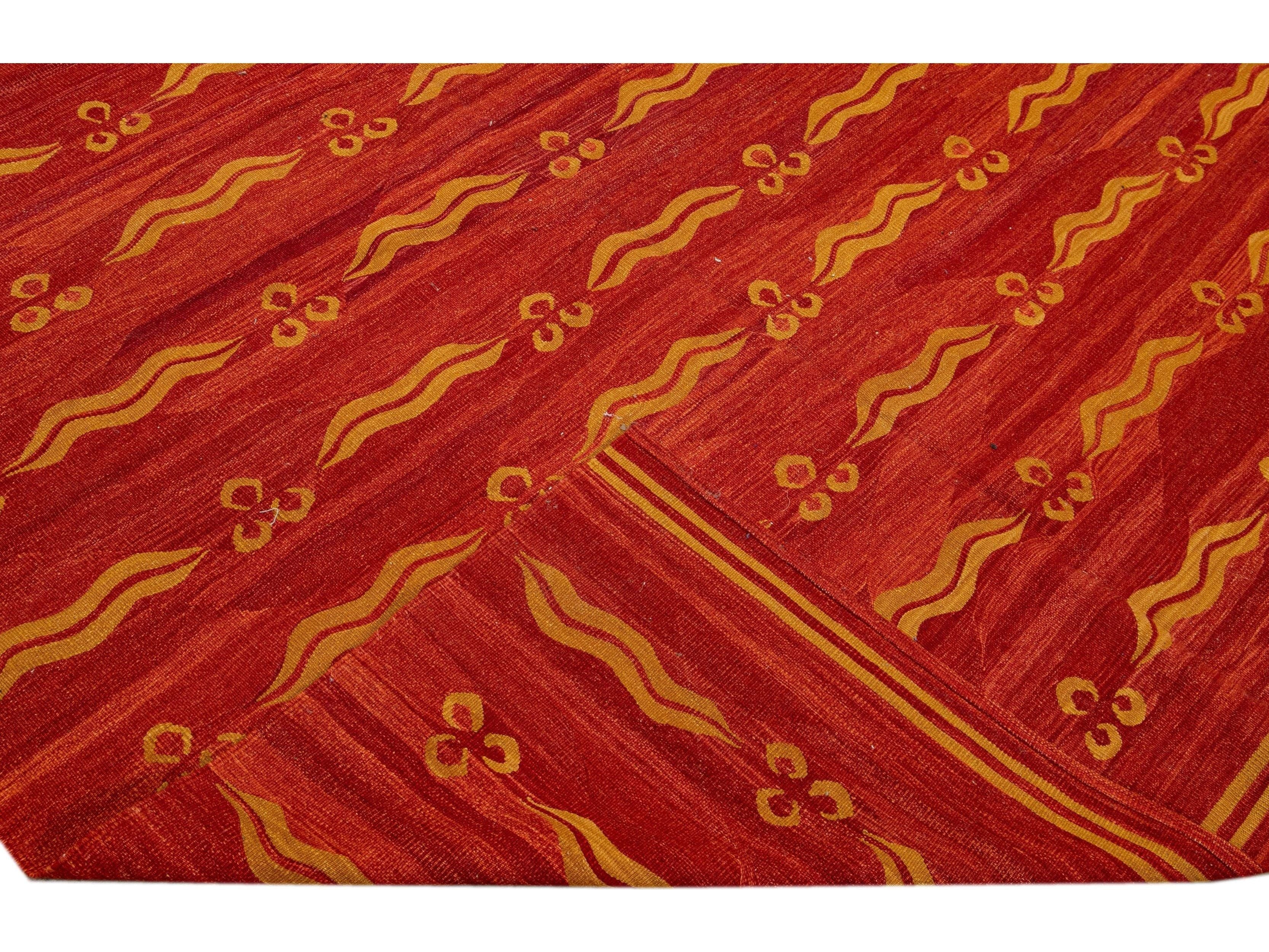 Modern Rust Kilim Flatweave Geometric Pattern Wool Rug