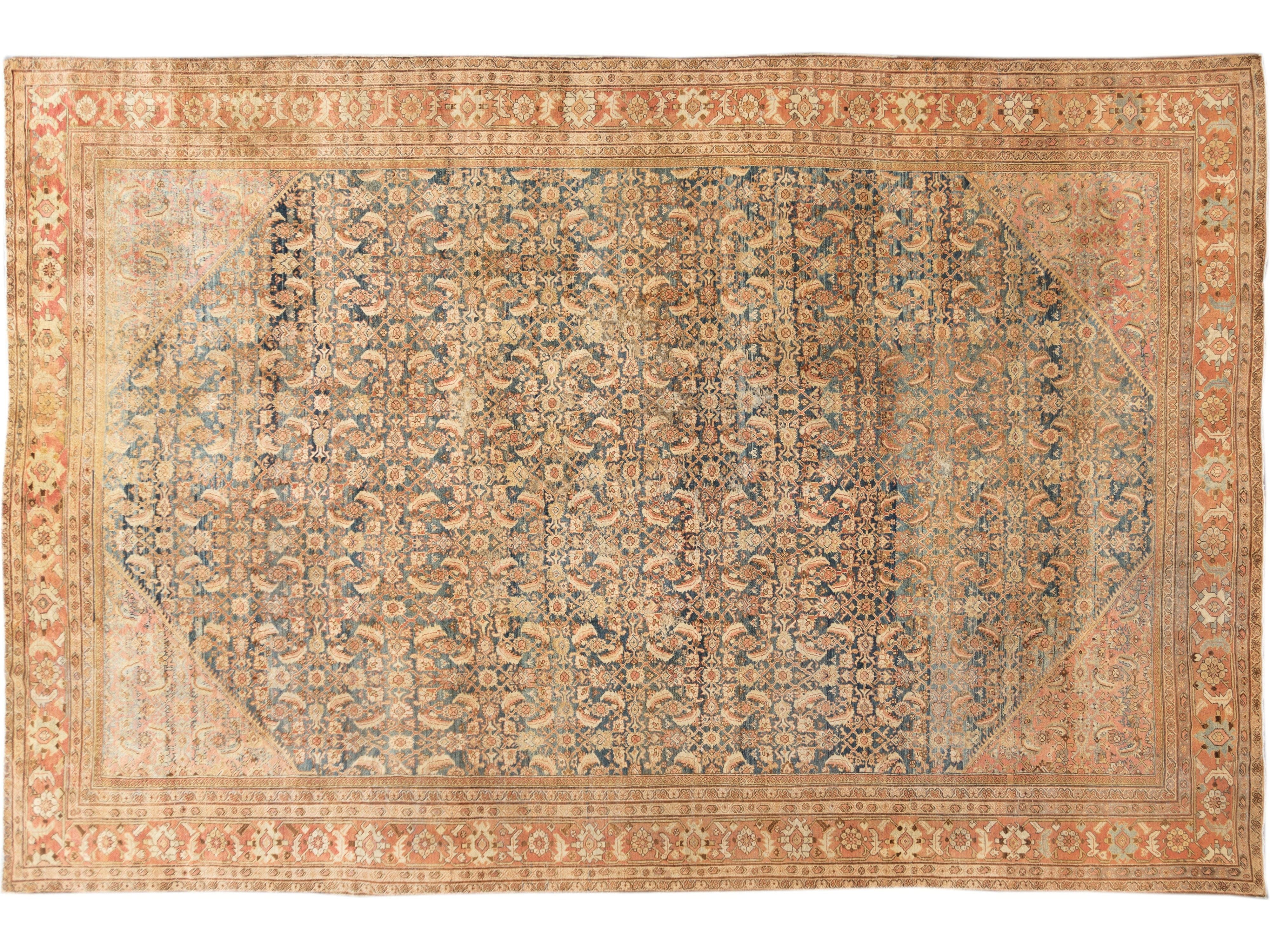 Antique Mahal Handmade Allover Motif Blue Oversize Wool Rug