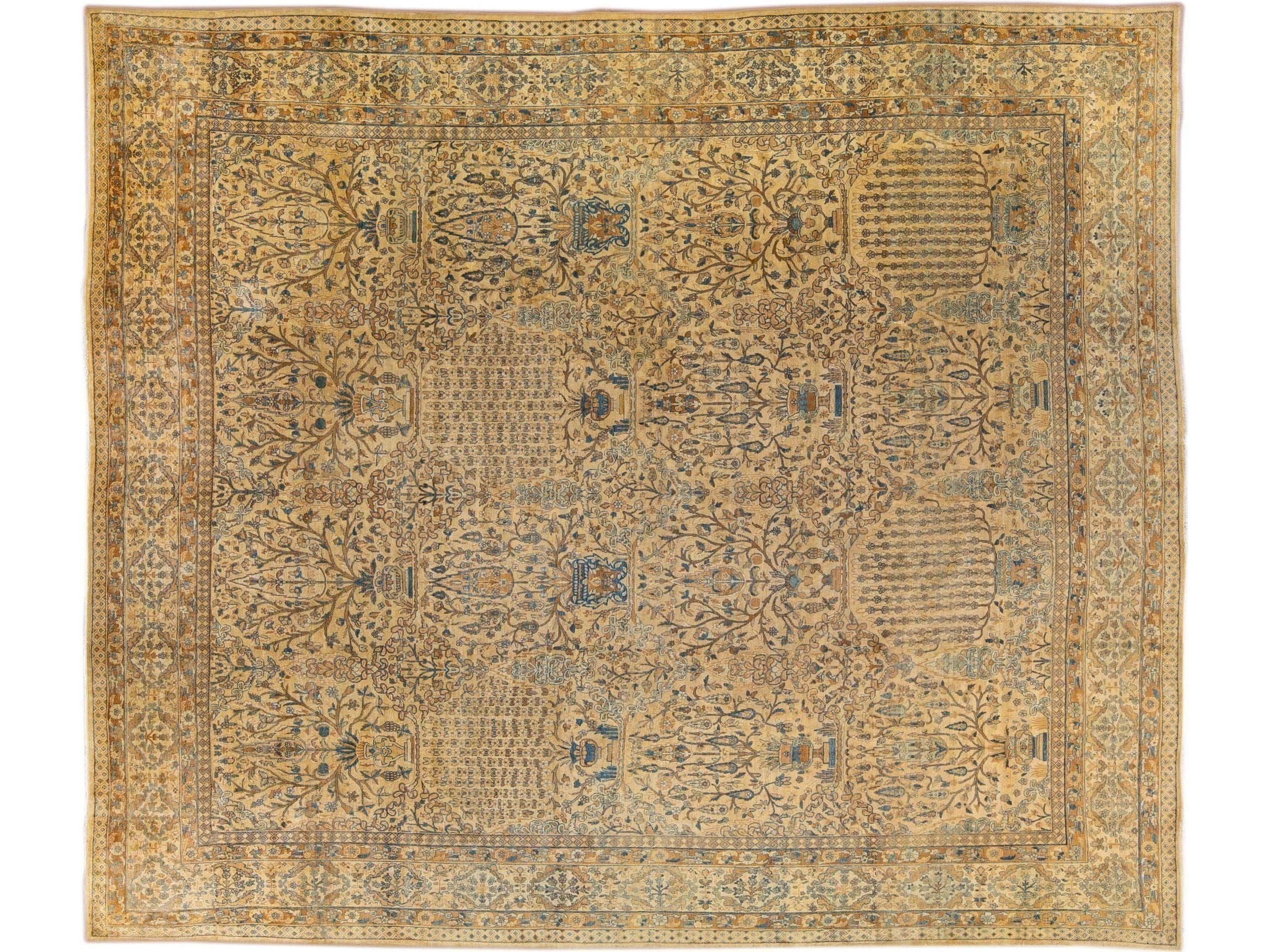 Antique Persian Kerman Handmade All-Over Floral Goldenrod Wool Rug