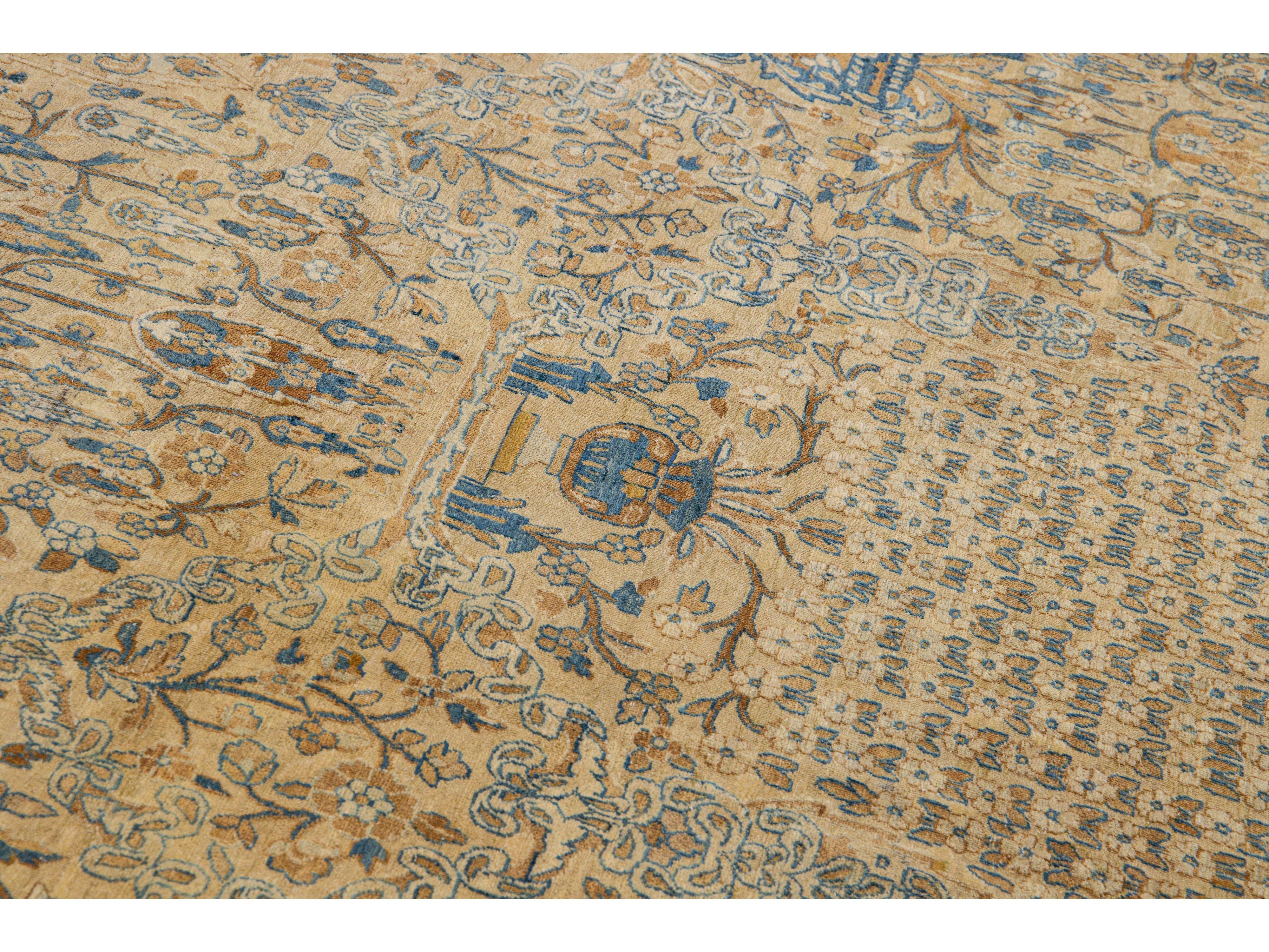 Antique Persian Kerman Handmade All-Over Floral Goldenrod Wool Rug