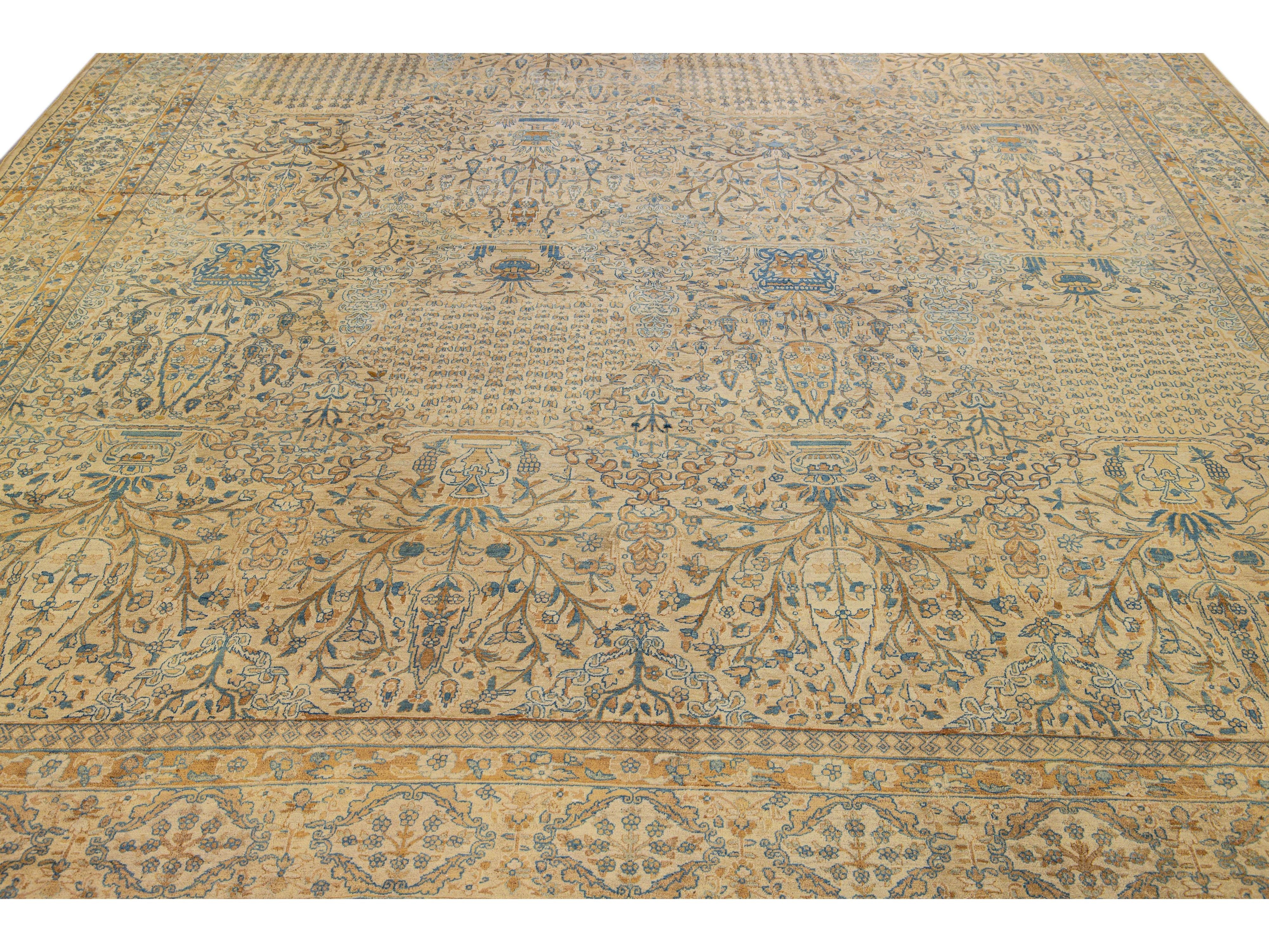 Antique Persian Kerman Handmade All-Over Floral Goldenrod Wool Rug