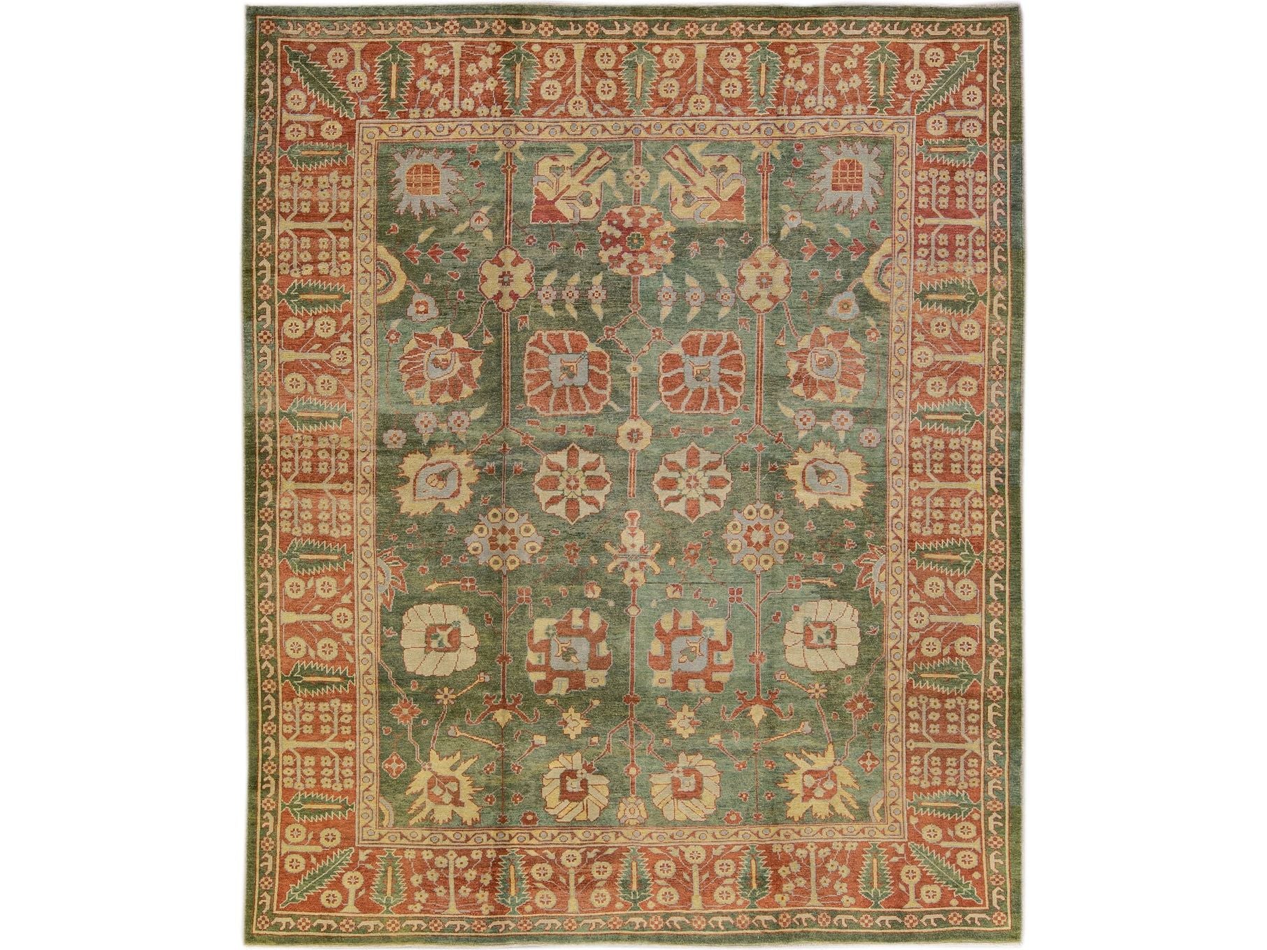 Modern Turkish Oushak Handmade Floral Motif Green Wool Rug