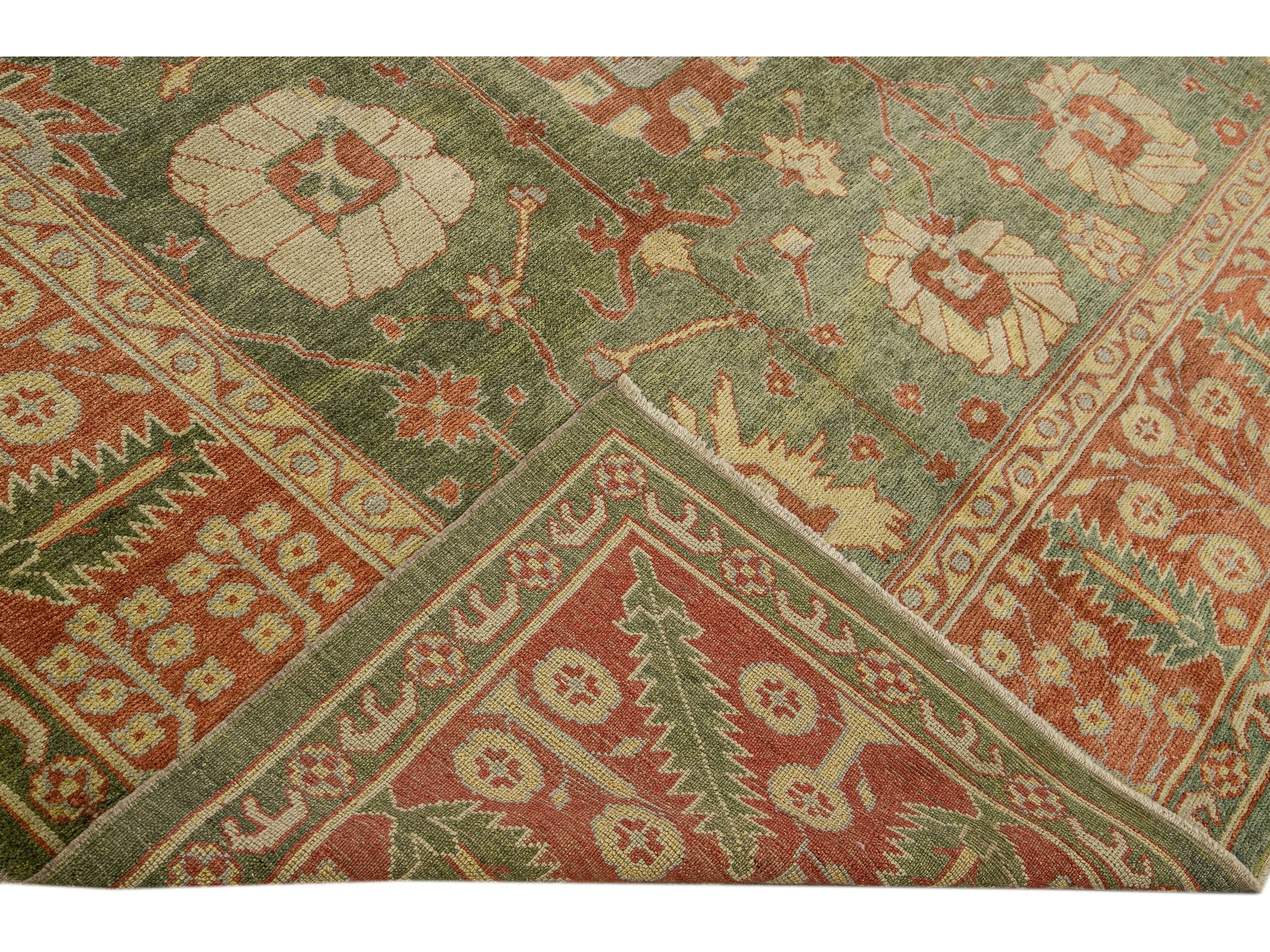 Modern Turkish Oushak Handmade Floral Motif Green Wool Rug