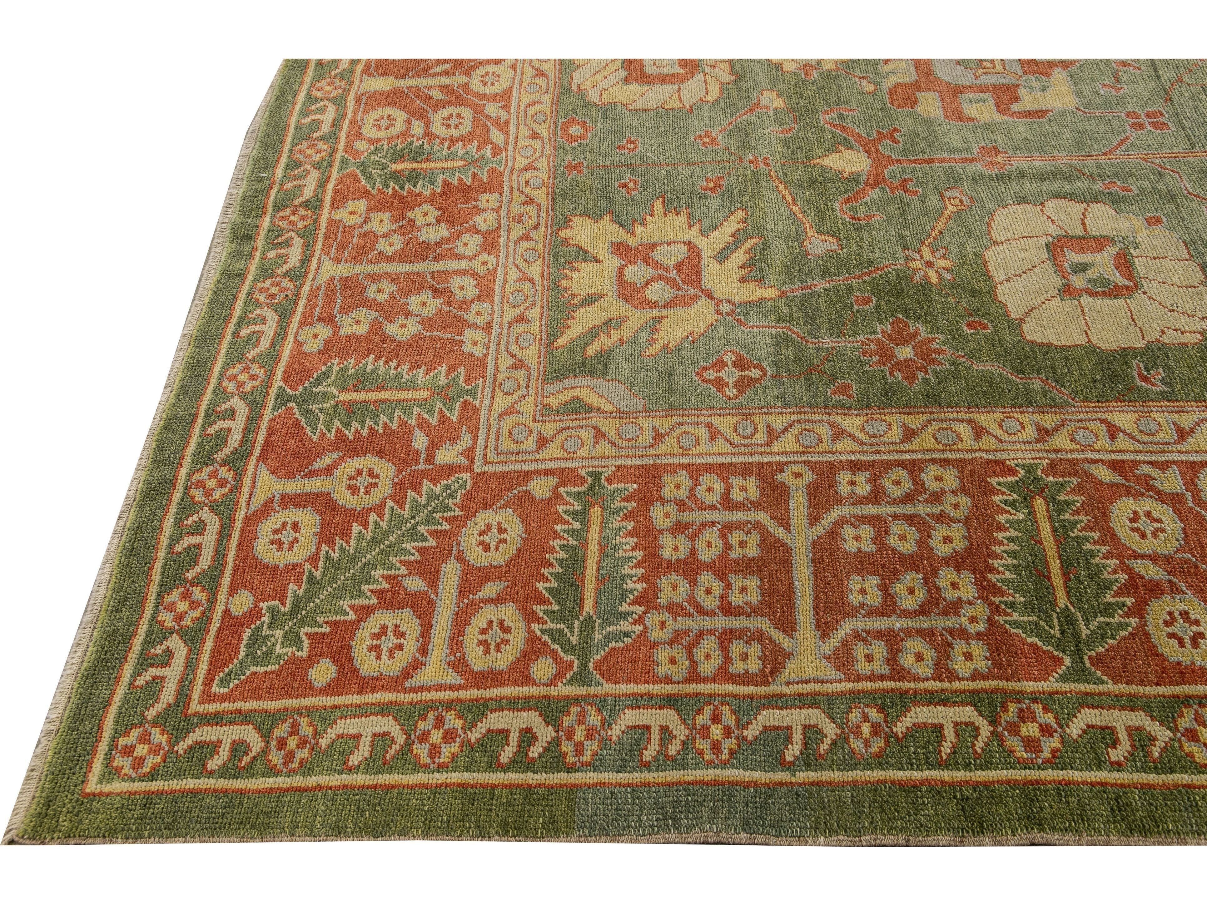 Modern Turkish Oushak Handmade Floral Motif Green Wool Rug