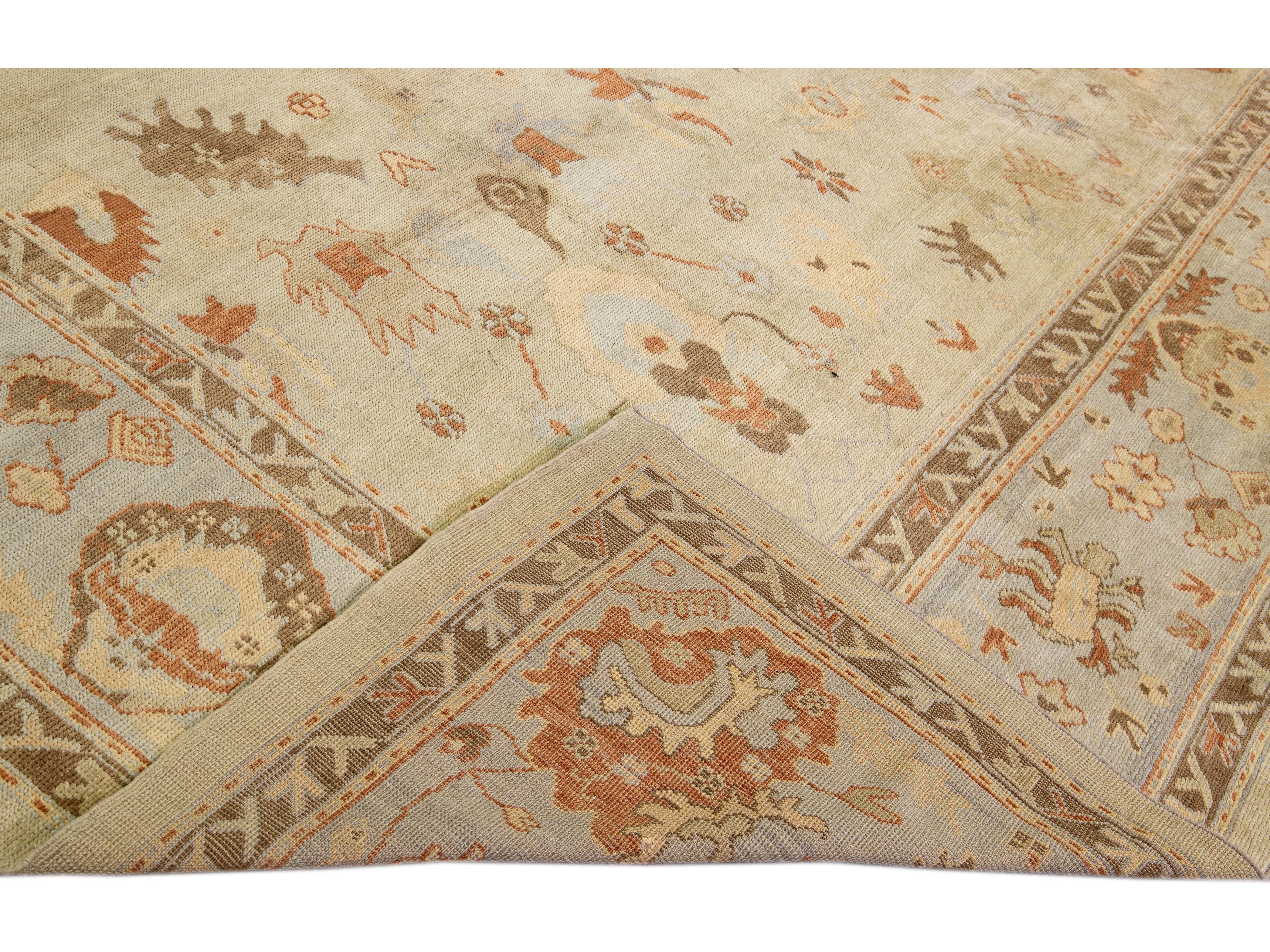 Modern Oushak Beige Handmade Floral Pattern Oversize Wool Rug