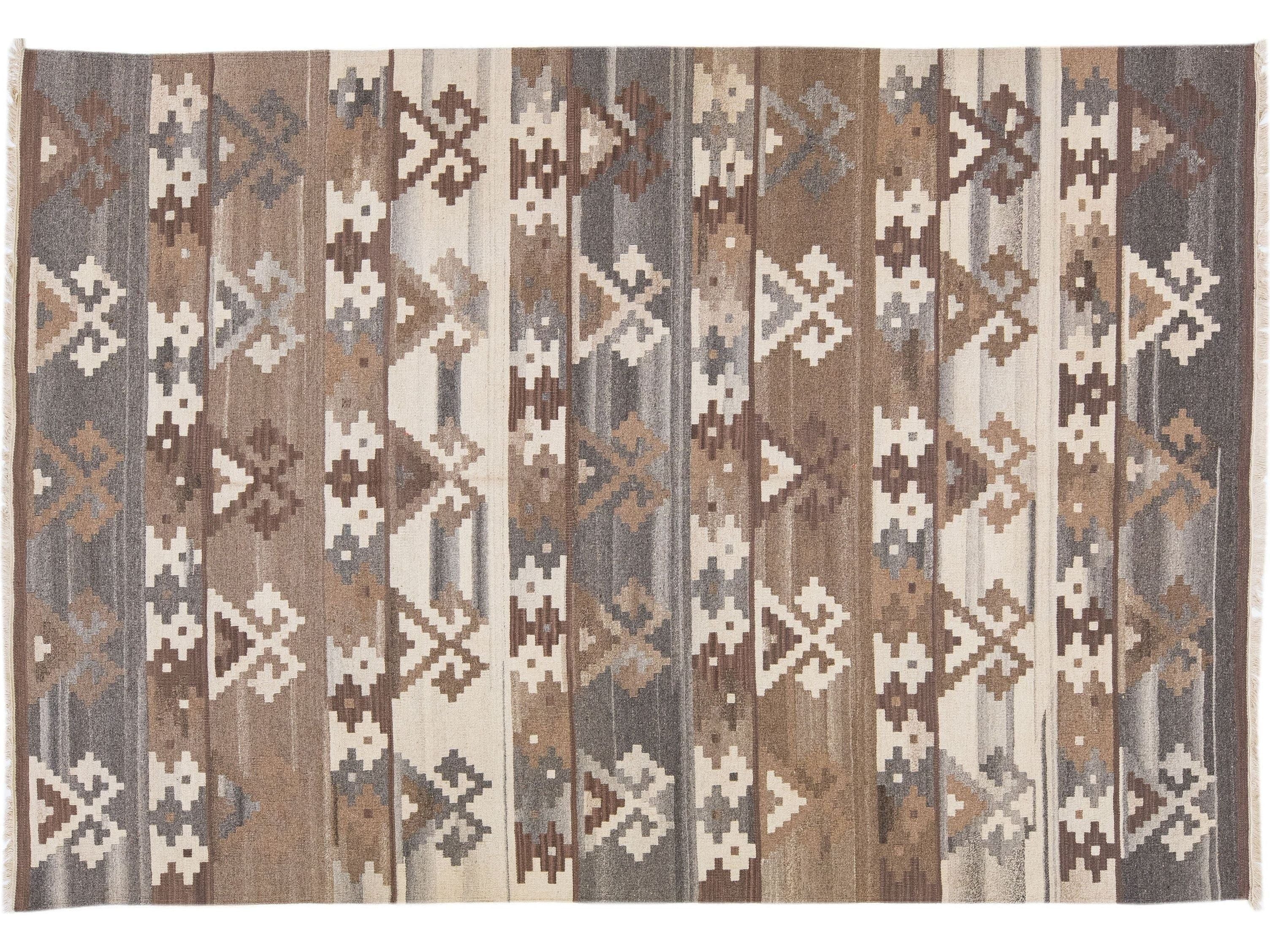 Modern Kilim Brown Flat-Weave Geometric Wool Rug