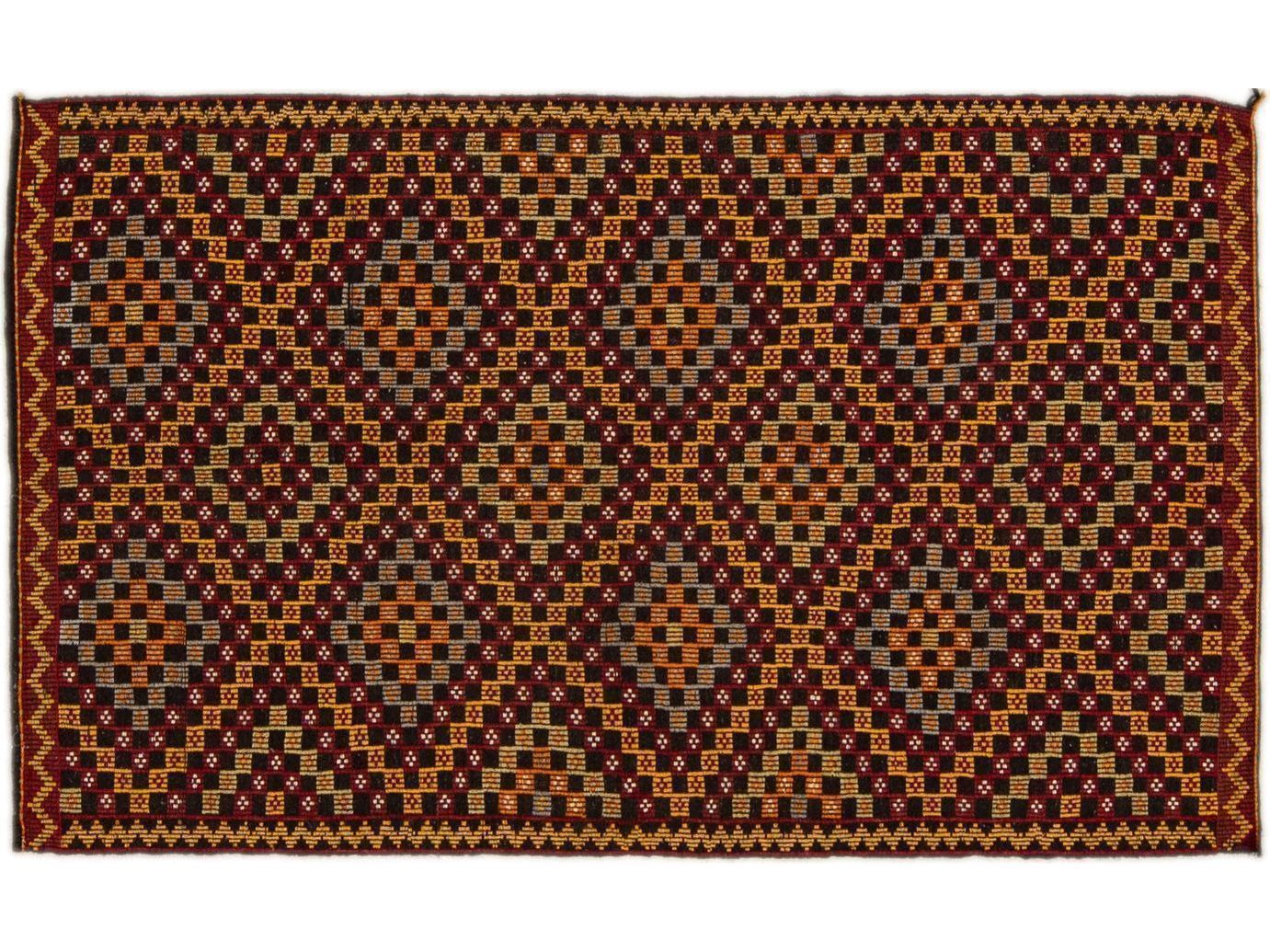 Vintage Soumak Handmade Geometric Designed Brown Wool Rug