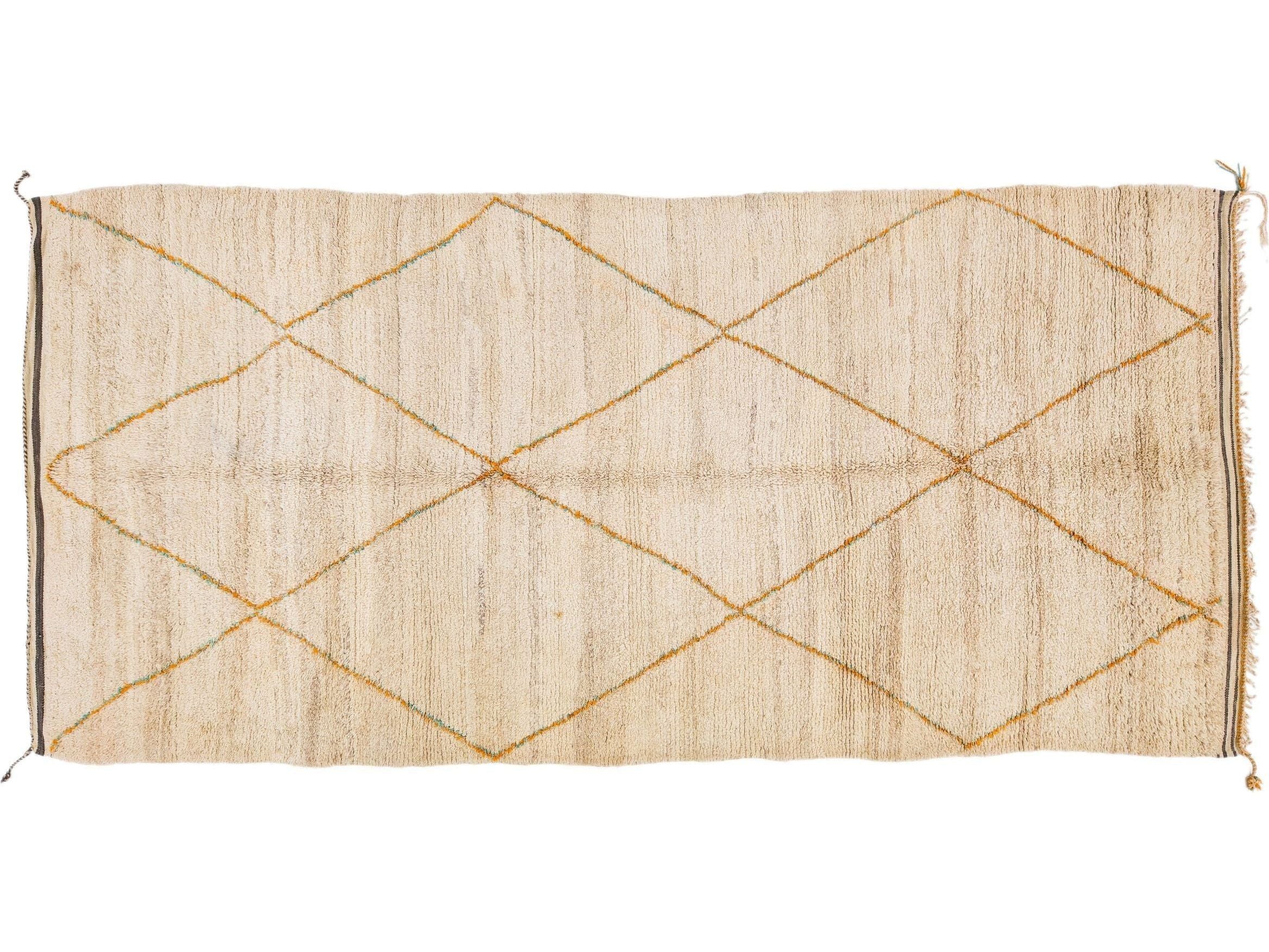 Vintage Moroccan Handmade Tribal Motif Tan Wool Rug