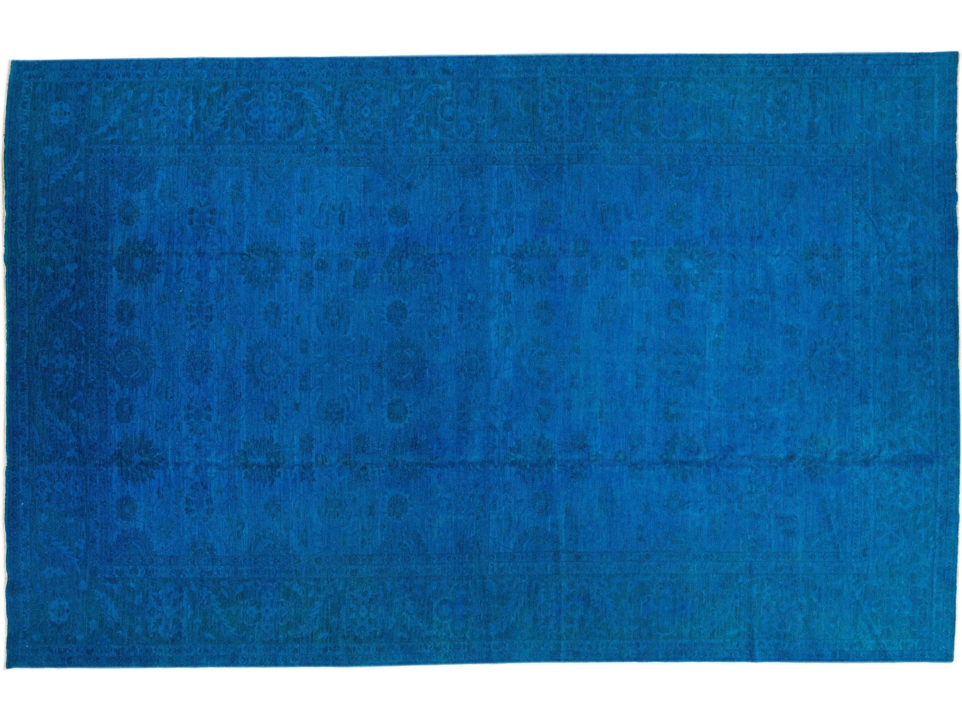 Blue Vintage Allover Motif Handmade Overdyed Wool Rug