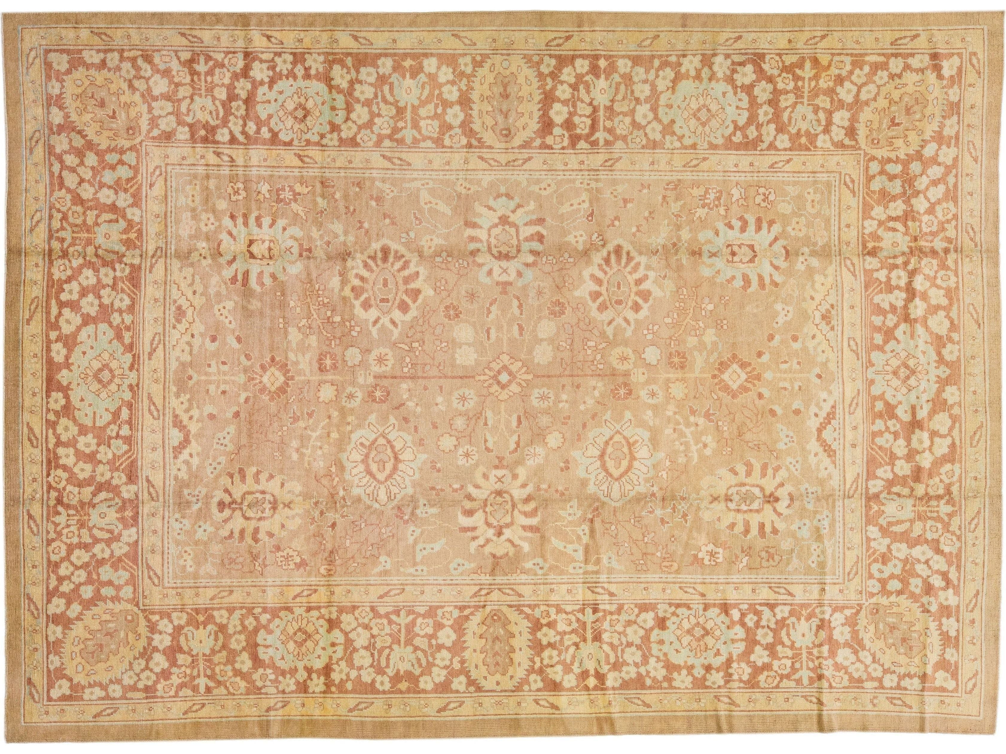 Tan Modern Turkish Oushak Handmade Wool Rug With Floral Motif