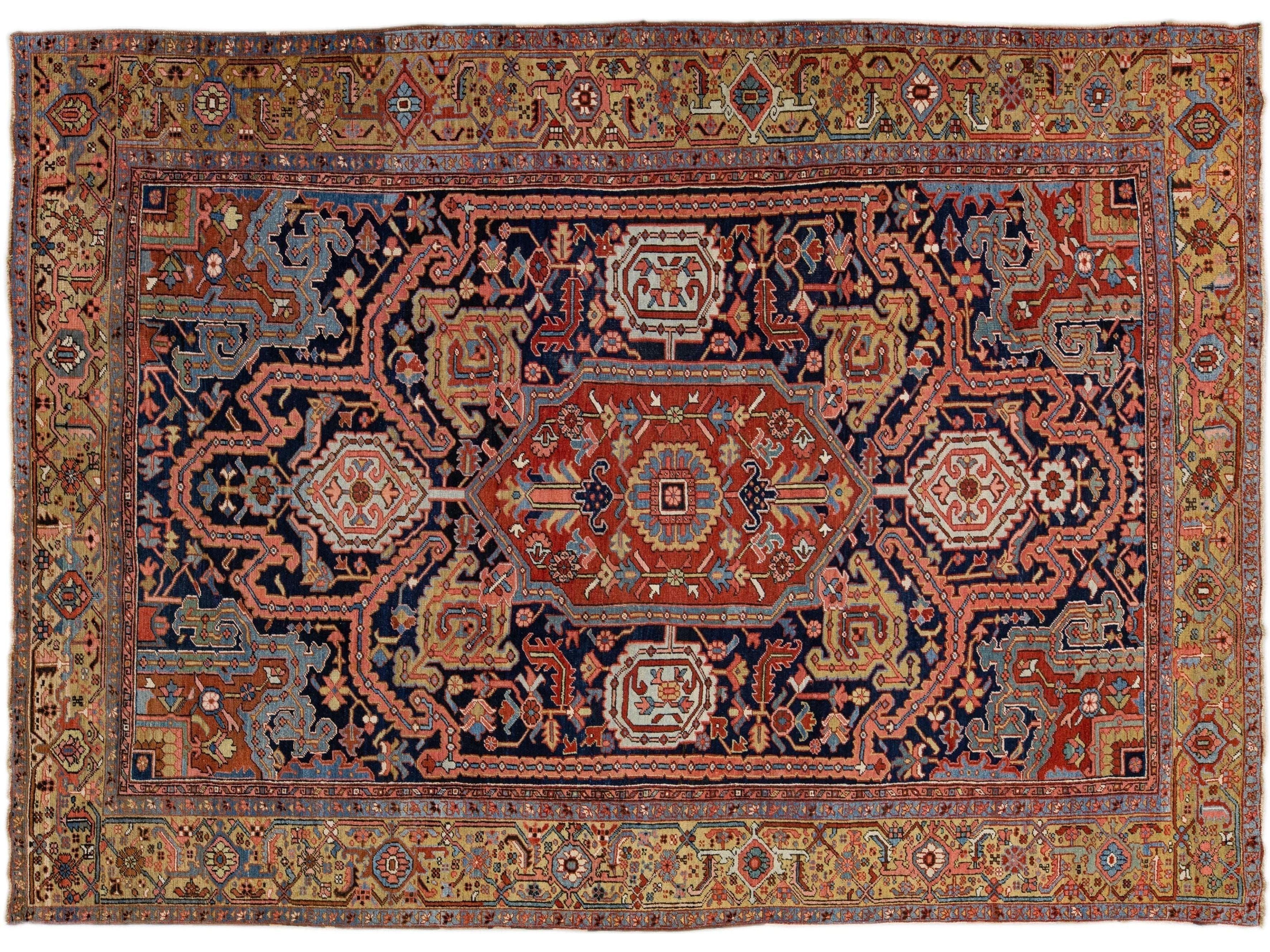 Antique Persian Heriz Handmade Allover Designed Blue Wool Rug