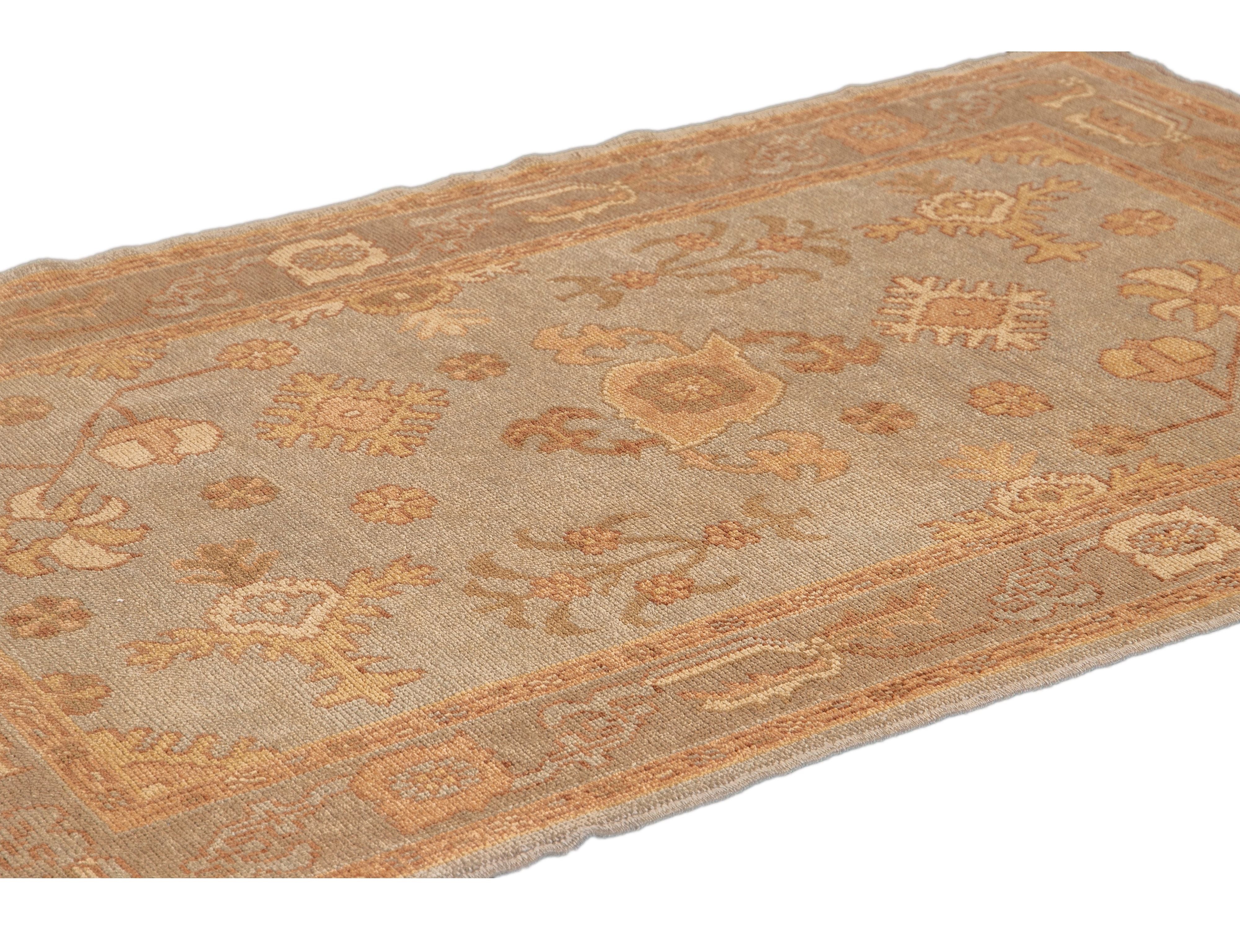 Modern Turkish Oushak Light Blue Handmade Floral Wool Rug